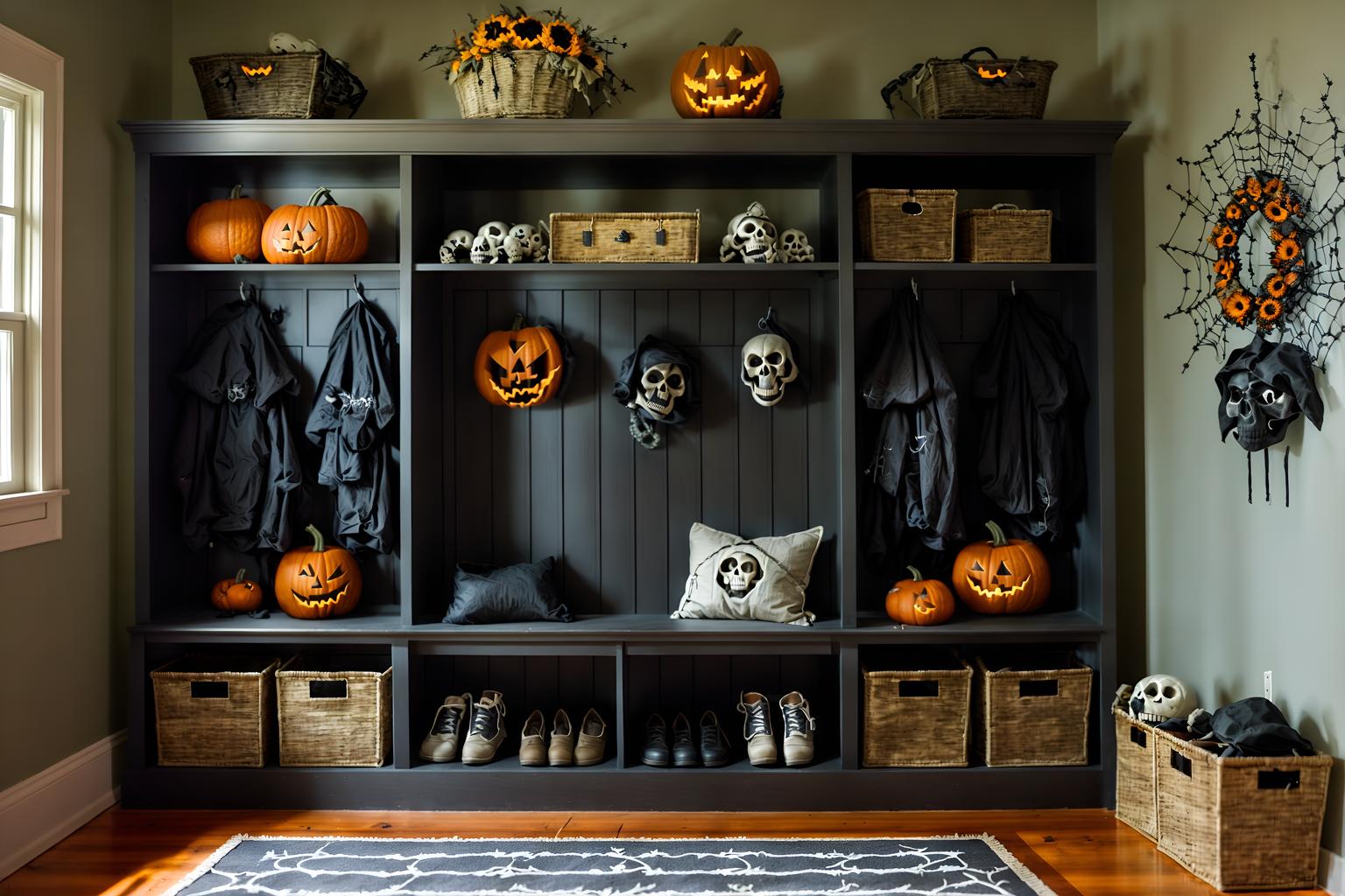 halloween-style (mudroom interior) with storage drawers and wall hooks for coats and high up storage and a bench and cubbies and storage baskets and cabinets and shelves for shoes. . with cobwebs and lanterns and cobwebs and spiderwebs and lanterns and skeletons sitting and standing and human skulls and glowing pumpkins. . cinematic photo, highly detailed, cinematic lighting, ultra-detailed, ultrarealistic, photorealism, 8k. halloween interior design style. masterpiece, cinematic light, ultrarealistic+, photorealistic+, 8k, raw photo, realistic, sharp focus on eyes, (symmetrical eyes), (intact eyes), hyperrealistic, highest quality, best quality, , highly detailed, masterpiece, best quality, extremely detailed 8k wallpaper, masterpiece, best quality, ultra-detailed, best shadow, detailed background, detailed face, detailed eyes, high contrast, best illumination, detailed face, dulux, caustic, dynamic angle, detailed glow. dramatic lighting. highly detailed, insanely detailed hair, symmetrical, intricate details, professionally retouched, 8k high definition. strong bokeh. award winning photo.