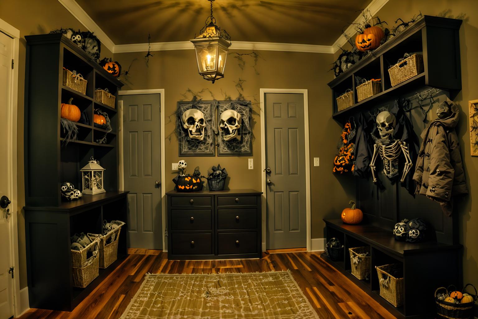 halloween-style (mudroom interior) with storage drawers and wall hooks for coats and high up storage and a bench and cubbies and storage baskets and cabinets and shelves for shoes. . with cobwebs and lanterns and cobwebs and spiderwebs and lanterns and skeletons sitting and standing and human skulls and glowing pumpkins. . cinematic photo, highly detailed, cinematic lighting, ultra-detailed, ultrarealistic, photorealism, 8k. halloween interior design style. masterpiece, cinematic light, ultrarealistic+, photorealistic+, 8k, raw photo, realistic, sharp focus on eyes, (symmetrical eyes), (intact eyes), hyperrealistic, highest quality, best quality, , highly detailed, masterpiece, best quality, extremely detailed 8k wallpaper, masterpiece, best quality, ultra-detailed, best shadow, detailed background, detailed face, detailed eyes, high contrast, best illumination, detailed face, dulux, caustic, dynamic angle, detailed glow. dramatic lighting. highly detailed, insanely detailed hair, symmetrical, intricate details, professionally retouched, 8k high definition. strong bokeh. award winning photo.