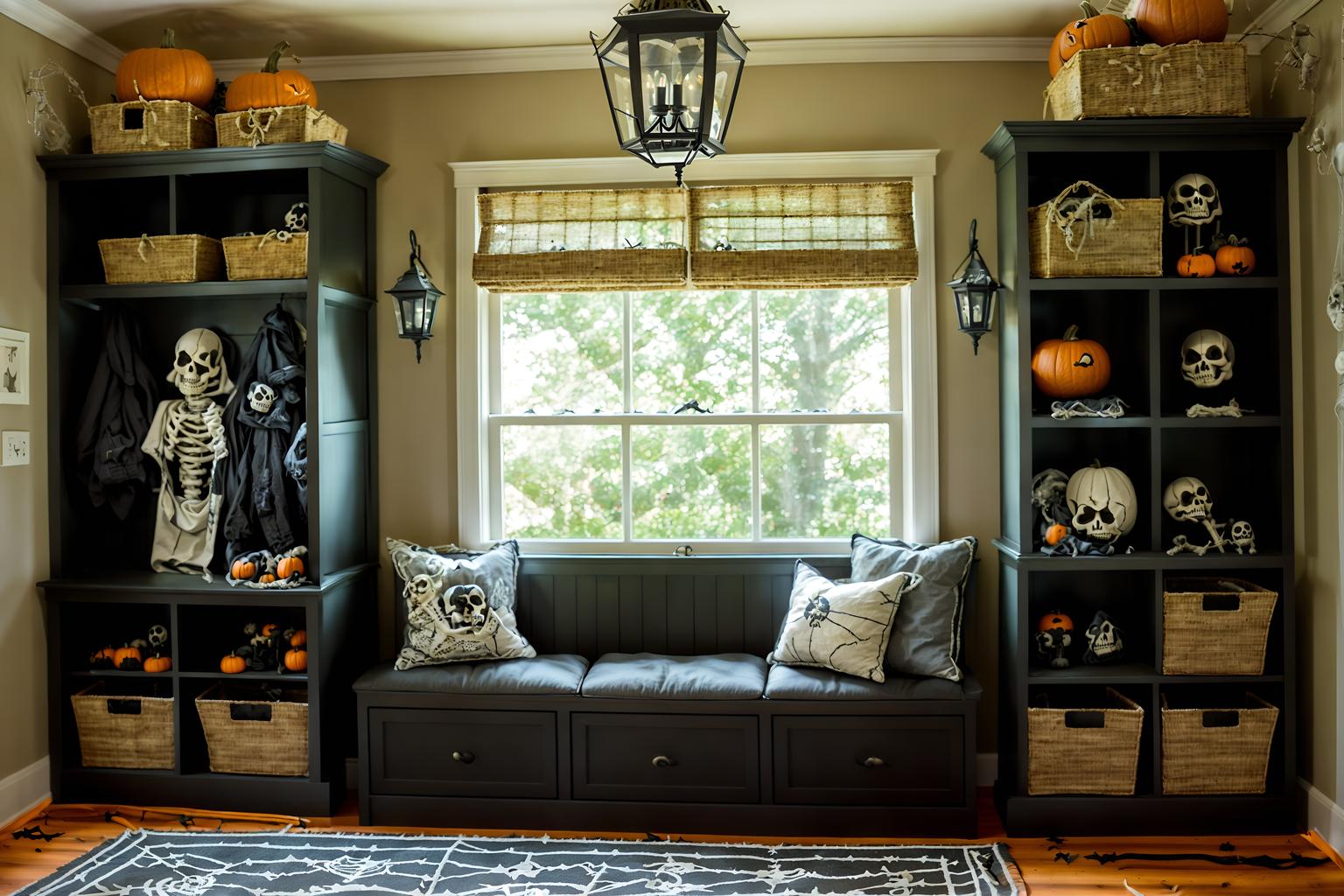 halloween-style (mudroom interior) with storage drawers and wall hooks for coats and high up storage and a bench and cubbies and storage baskets and cabinets and shelves for shoes. . with cobwebs and lanterns and cobwebs and spiderwebs and lanterns and skeletons sitting and standing and human skulls and glowing pumpkins. . cinematic photo, highly detailed, cinematic lighting, ultra-detailed, ultrarealistic, photorealism, 8k. halloween interior design style. masterpiece, cinematic light, ultrarealistic+, photorealistic+, 8k, raw photo, realistic, sharp focus on eyes, (symmetrical eyes), (intact eyes), hyperrealistic, highest quality, best quality, , highly detailed, masterpiece, best quality, extremely detailed 8k wallpaper, masterpiece, best quality, ultra-detailed, best shadow, detailed background, detailed face, detailed eyes, high contrast, best illumination, detailed face, dulux, caustic, dynamic angle, detailed glow. dramatic lighting. highly detailed, insanely detailed hair, symmetrical, intricate details, professionally retouched, 8k high definition. strong bokeh. award winning photo.