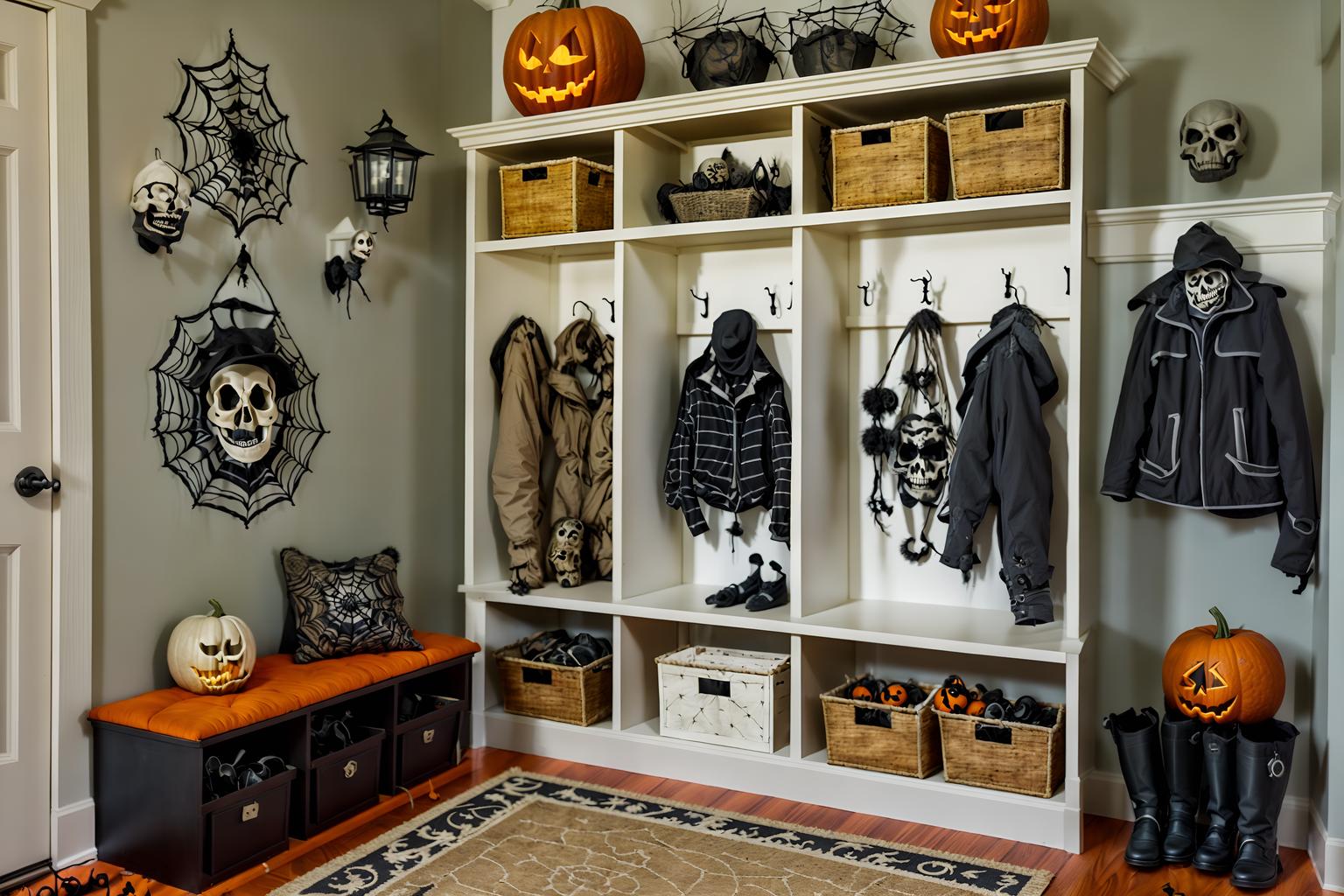 halloween-style (mudroom interior) with storage drawers and wall hooks for coats and high up storage and a bench and cubbies and storage baskets and cabinets and shelves for shoes. . with cobwebs and lanterns and cobwebs and spiderwebs and lanterns and skeletons sitting and standing and human skulls and glowing pumpkins. . cinematic photo, highly detailed, cinematic lighting, ultra-detailed, ultrarealistic, photorealism, 8k. halloween interior design style. masterpiece, cinematic light, ultrarealistic+, photorealistic+, 8k, raw photo, realistic, sharp focus on eyes, (symmetrical eyes), (intact eyes), hyperrealistic, highest quality, best quality, , highly detailed, masterpiece, best quality, extremely detailed 8k wallpaper, masterpiece, best quality, ultra-detailed, best shadow, detailed background, detailed face, detailed eyes, high contrast, best illumination, detailed face, dulux, caustic, dynamic angle, detailed glow. dramatic lighting. highly detailed, insanely detailed hair, symmetrical, intricate details, professionally retouched, 8k high definition. strong bokeh. award winning photo.