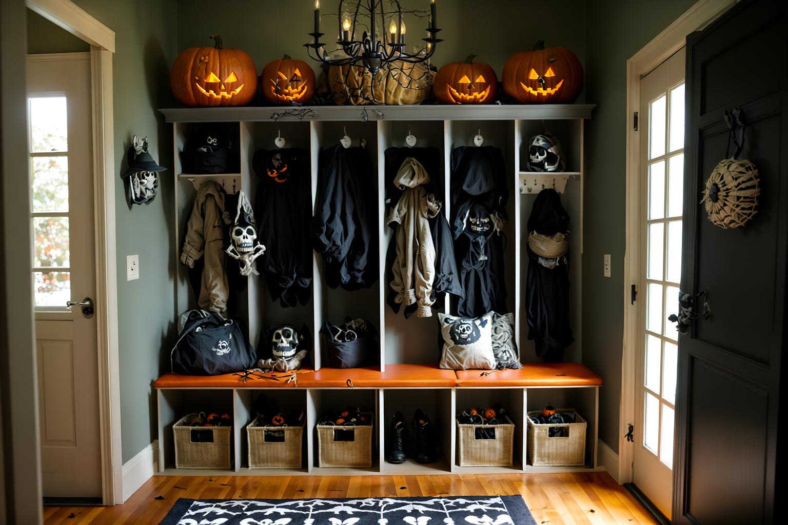 halloween-style (mudroom interior) with storage drawers and wall hooks for coats and high up storage and a bench and cubbies and storage baskets and cabinets and shelves for shoes. . with cobwebs and lanterns and cobwebs and spiderwebs and lanterns and skeletons sitting and standing and human skulls and glowing pumpkins. . cinematic photo, highly detailed, cinematic lighting, ultra-detailed, ultrarealistic, photorealism, 8k. halloween interior design style. masterpiece, cinematic light, ultrarealistic+, photorealistic+, 8k, raw photo, realistic, sharp focus on eyes, (symmetrical eyes), (intact eyes), hyperrealistic, highest quality, best quality, , highly detailed, masterpiece, best quality, extremely detailed 8k wallpaper, masterpiece, best quality, ultra-detailed, best shadow, detailed background, detailed face, detailed eyes, high contrast, best illumination, detailed face, dulux, caustic, dynamic angle, detailed glow. dramatic lighting. highly detailed, insanely detailed hair, symmetrical, intricate details, professionally retouched, 8k high definition. strong bokeh. award winning photo.