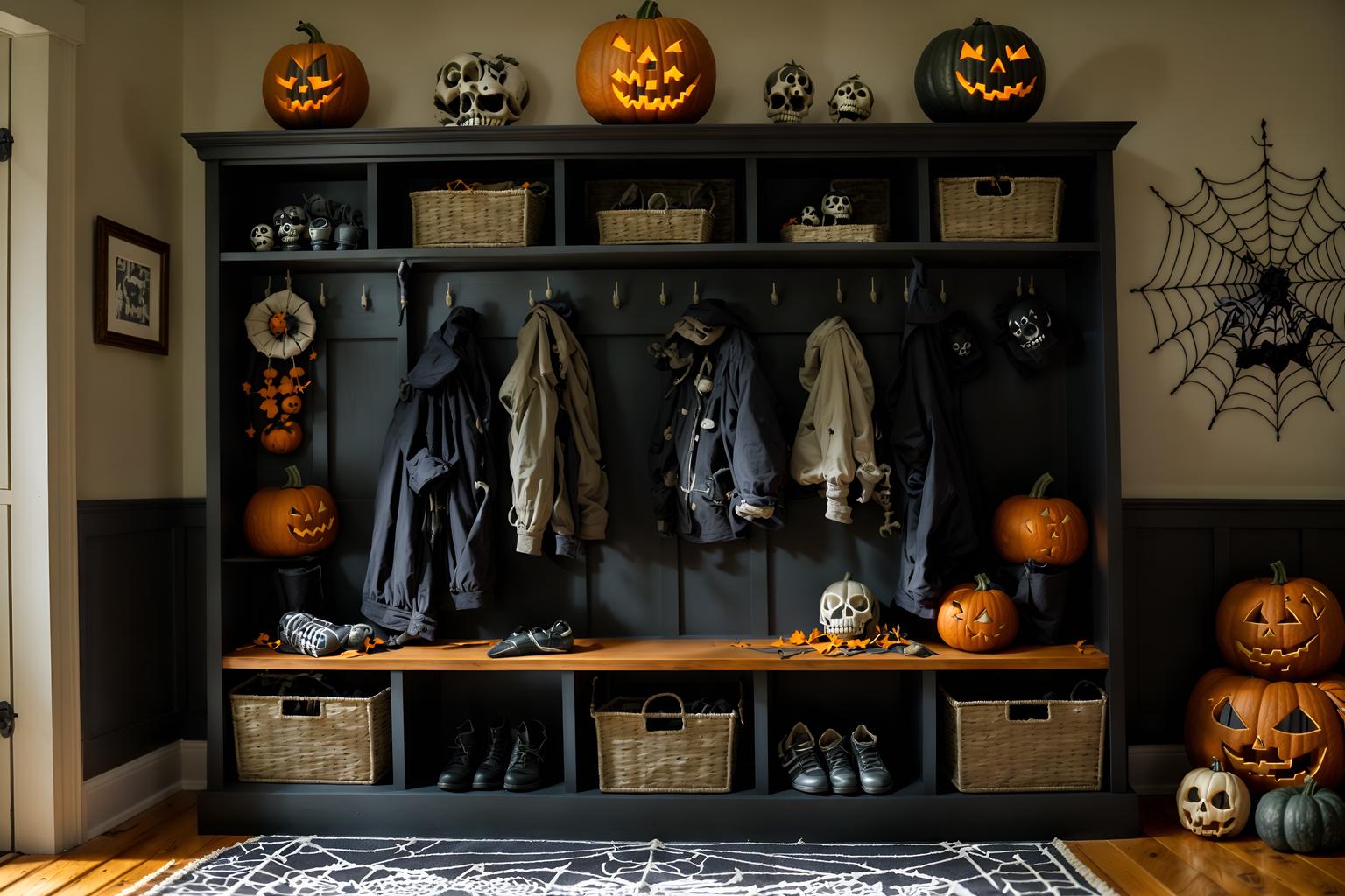 halloween-style (mudroom interior) with storage drawers and wall hooks for coats and high up storage and a bench and cubbies and storage baskets and cabinets and shelves for shoes. . with cobwebs and lanterns and cobwebs and spiderwebs and lanterns and skeletons sitting and standing and human skulls and glowing pumpkins. . cinematic photo, highly detailed, cinematic lighting, ultra-detailed, ultrarealistic, photorealism, 8k. halloween interior design style. masterpiece, cinematic light, ultrarealistic+, photorealistic+, 8k, raw photo, realistic, sharp focus on eyes, (symmetrical eyes), (intact eyes), hyperrealistic, highest quality, best quality, , highly detailed, masterpiece, best quality, extremely detailed 8k wallpaper, masterpiece, best quality, ultra-detailed, best shadow, detailed background, detailed face, detailed eyes, high contrast, best illumination, detailed face, dulux, caustic, dynamic angle, detailed glow. dramatic lighting. highly detailed, insanely detailed hair, symmetrical, intricate details, professionally retouched, 8k high definition. strong bokeh. award winning photo.