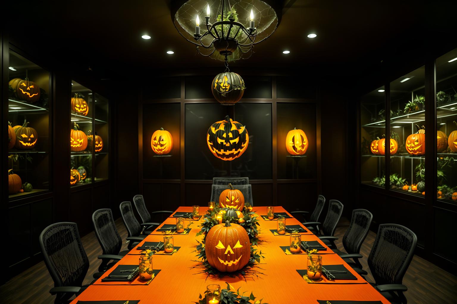 halloween-style (meeting room interior) with plant and glass walls and cabinets and boardroom table and office chairs and glass doors and vase and painting or photo on wall. . with cobwebs and glowing pumpkins and lanterns and spiderwebs and human skulls and lanterns and yellow black balloons and skeletons sitting and standing. . cinematic photo, highly detailed, cinematic lighting, ultra-detailed, ultrarealistic, photorealism, 8k. halloween interior design style. masterpiece, cinematic light, ultrarealistic+, photorealistic+, 8k, raw photo, realistic, sharp focus on eyes, (symmetrical eyes), (intact eyes), hyperrealistic, highest quality, best quality, , highly detailed, masterpiece, best quality, extremely detailed 8k wallpaper, masterpiece, best quality, ultra-detailed, best shadow, detailed background, detailed face, detailed eyes, high contrast, best illumination, detailed face, dulux, caustic, dynamic angle, detailed glow. dramatic lighting. highly detailed, insanely detailed hair, symmetrical, intricate details, professionally retouched, 8k high definition. strong bokeh. award winning photo.