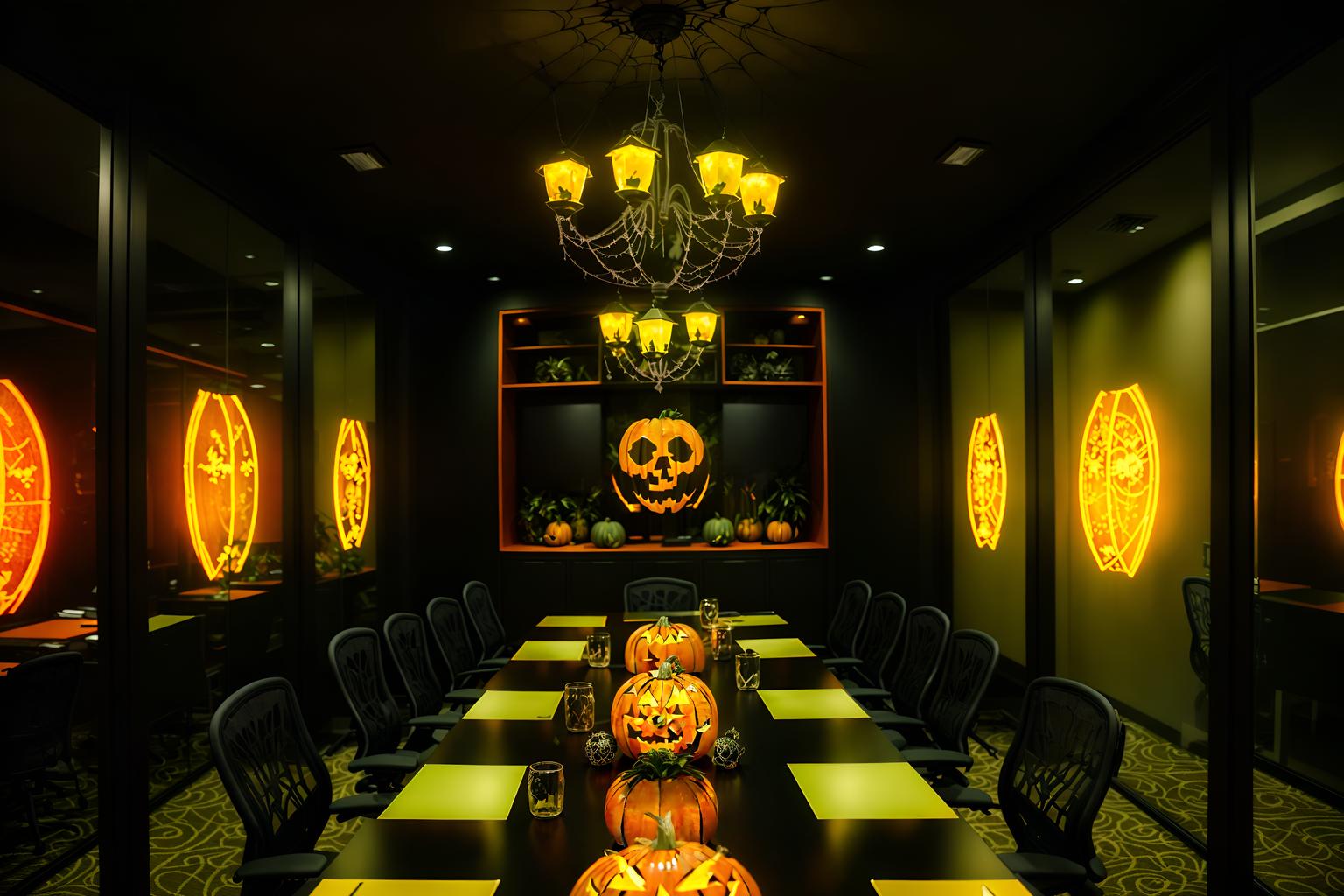 halloween-style (meeting room interior) with plant and glass walls and cabinets and boardroom table and office chairs and glass doors and vase and painting or photo on wall. . with cobwebs and glowing pumpkins and lanterns and spiderwebs and human skulls and lanterns and yellow black balloons and skeletons sitting and standing. . cinematic photo, highly detailed, cinematic lighting, ultra-detailed, ultrarealistic, photorealism, 8k. halloween interior design style. masterpiece, cinematic light, ultrarealistic+, photorealistic+, 8k, raw photo, realistic, sharp focus on eyes, (symmetrical eyes), (intact eyes), hyperrealistic, highest quality, best quality, , highly detailed, masterpiece, best quality, extremely detailed 8k wallpaper, masterpiece, best quality, ultra-detailed, best shadow, detailed background, detailed face, detailed eyes, high contrast, best illumination, detailed face, dulux, caustic, dynamic angle, detailed glow. dramatic lighting. highly detailed, insanely detailed hair, symmetrical, intricate details, professionally retouched, 8k high definition. strong bokeh. award winning photo.