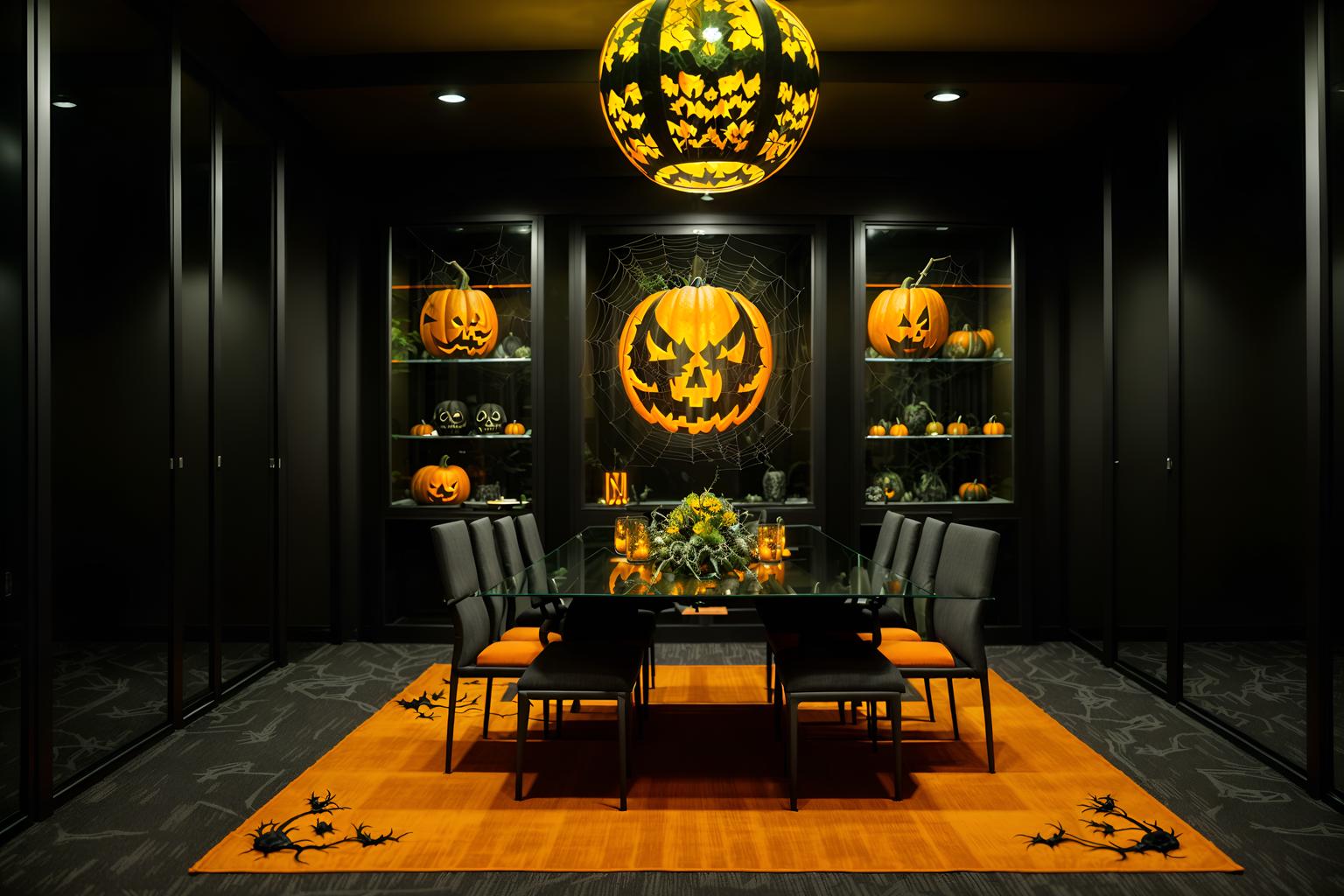 halloween-style (meeting room interior) with plant and glass walls and cabinets and boardroom table and office chairs and glass doors and vase and painting or photo on wall. . with cobwebs and glowing pumpkins and lanterns and spiderwebs and human skulls and lanterns and yellow black balloons and skeletons sitting and standing. . cinematic photo, highly detailed, cinematic lighting, ultra-detailed, ultrarealistic, photorealism, 8k. halloween interior design style. masterpiece, cinematic light, ultrarealistic+, photorealistic+, 8k, raw photo, realistic, sharp focus on eyes, (symmetrical eyes), (intact eyes), hyperrealistic, highest quality, best quality, , highly detailed, masterpiece, best quality, extremely detailed 8k wallpaper, masterpiece, best quality, ultra-detailed, best shadow, detailed background, detailed face, detailed eyes, high contrast, best illumination, detailed face, dulux, caustic, dynamic angle, detailed glow. dramatic lighting. highly detailed, insanely detailed hair, symmetrical, intricate details, professionally retouched, 8k high definition. strong bokeh. award winning photo.