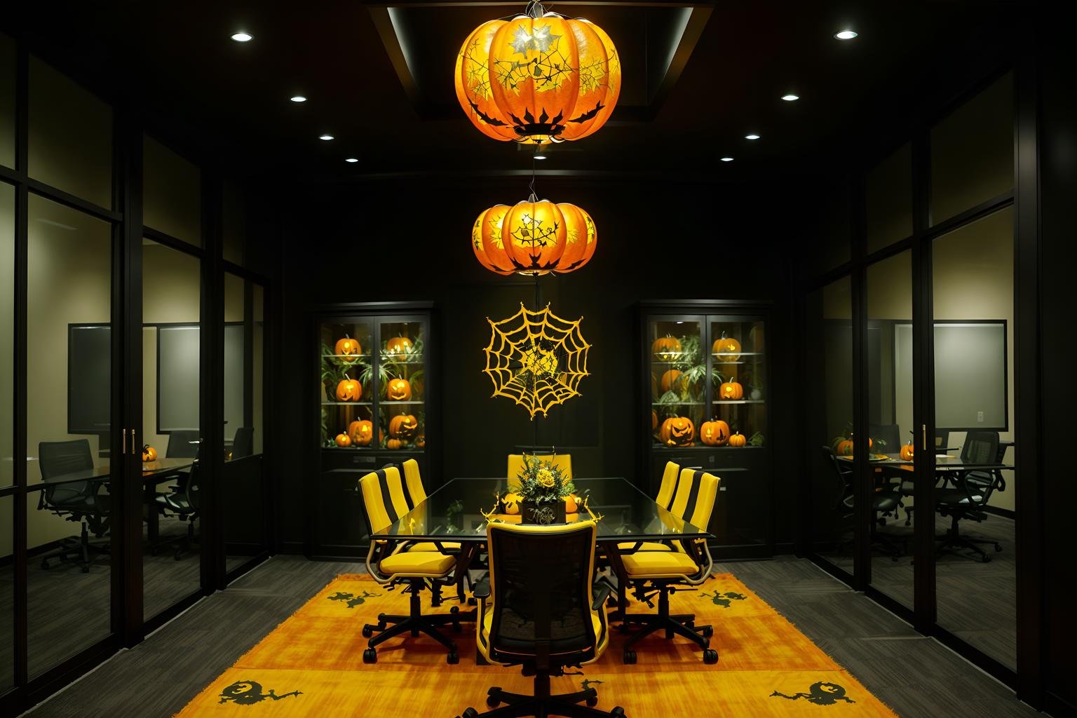 halloween-style (meeting room interior) with plant and glass walls and cabinets and boardroom table and office chairs and glass doors and vase and painting or photo on wall. . with cobwebs and glowing pumpkins and lanterns and spiderwebs and human skulls and lanterns and yellow black balloons and skeletons sitting and standing. . cinematic photo, highly detailed, cinematic lighting, ultra-detailed, ultrarealistic, photorealism, 8k. halloween interior design style. masterpiece, cinematic light, ultrarealistic+, photorealistic+, 8k, raw photo, realistic, sharp focus on eyes, (symmetrical eyes), (intact eyes), hyperrealistic, highest quality, best quality, , highly detailed, masterpiece, best quality, extremely detailed 8k wallpaper, masterpiece, best quality, ultra-detailed, best shadow, detailed background, detailed face, detailed eyes, high contrast, best illumination, detailed face, dulux, caustic, dynamic angle, detailed glow. dramatic lighting. highly detailed, insanely detailed hair, symmetrical, intricate details, professionally retouched, 8k high definition. strong bokeh. award winning photo.