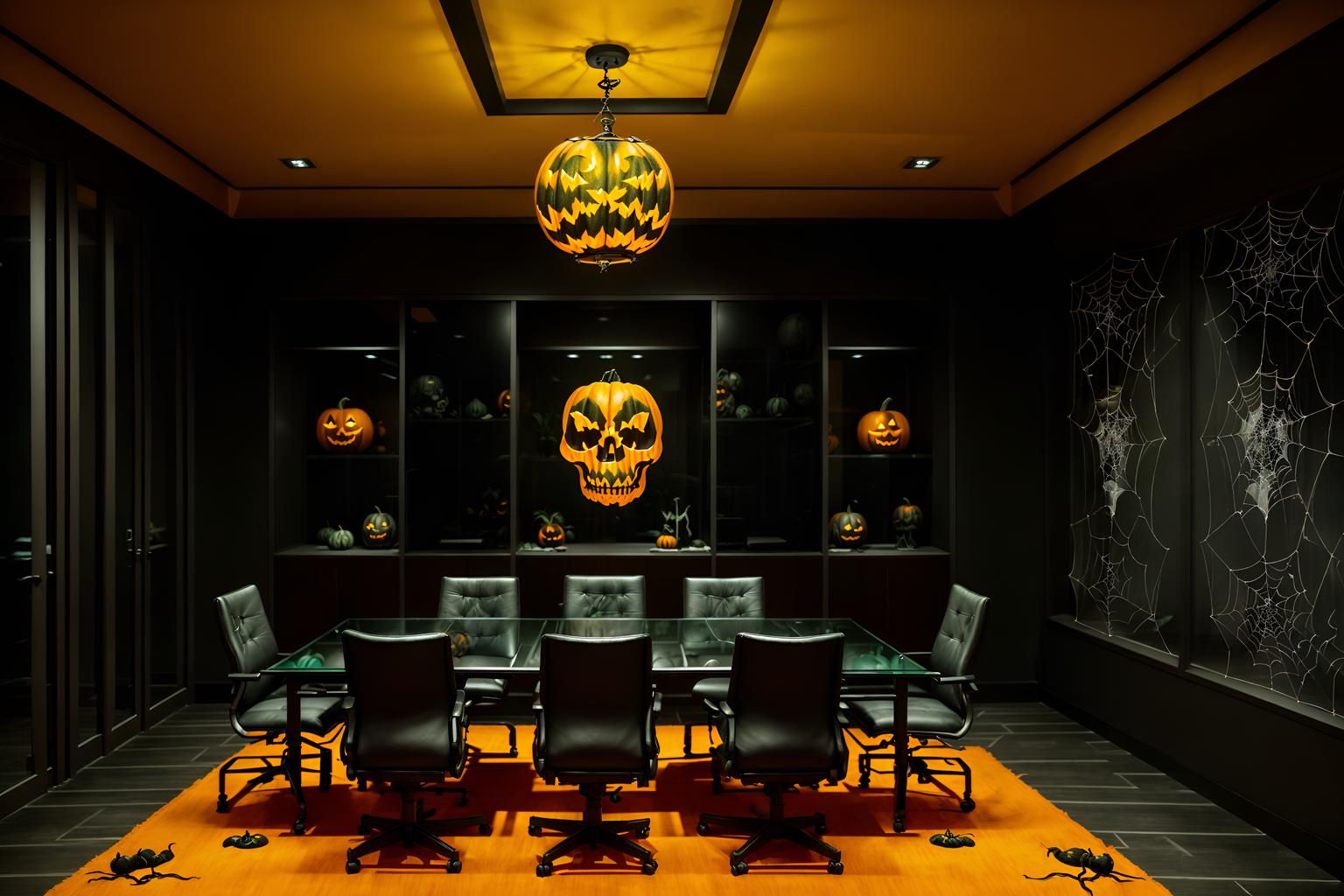 halloween-style (meeting room interior) with plant and glass walls and cabinets and boardroom table and office chairs and glass doors and vase and painting or photo on wall. . with cobwebs and glowing pumpkins and lanterns and spiderwebs and human skulls and lanterns and yellow black balloons and skeletons sitting and standing. . cinematic photo, highly detailed, cinematic lighting, ultra-detailed, ultrarealistic, photorealism, 8k. halloween interior design style. masterpiece, cinematic light, ultrarealistic+, photorealistic+, 8k, raw photo, realistic, sharp focus on eyes, (symmetrical eyes), (intact eyes), hyperrealistic, highest quality, best quality, , highly detailed, masterpiece, best quality, extremely detailed 8k wallpaper, masterpiece, best quality, ultra-detailed, best shadow, detailed background, detailed face, detailed eyes, high contrast, best illumination, detailed face, dulux, caustic, dynamic angle, detailed glow. dramatic lighting. highly detailed, insanely detailed hair, symmetrical, intricate details, professionally retouched, 8k high definition. strong bokeh. award winning photo.