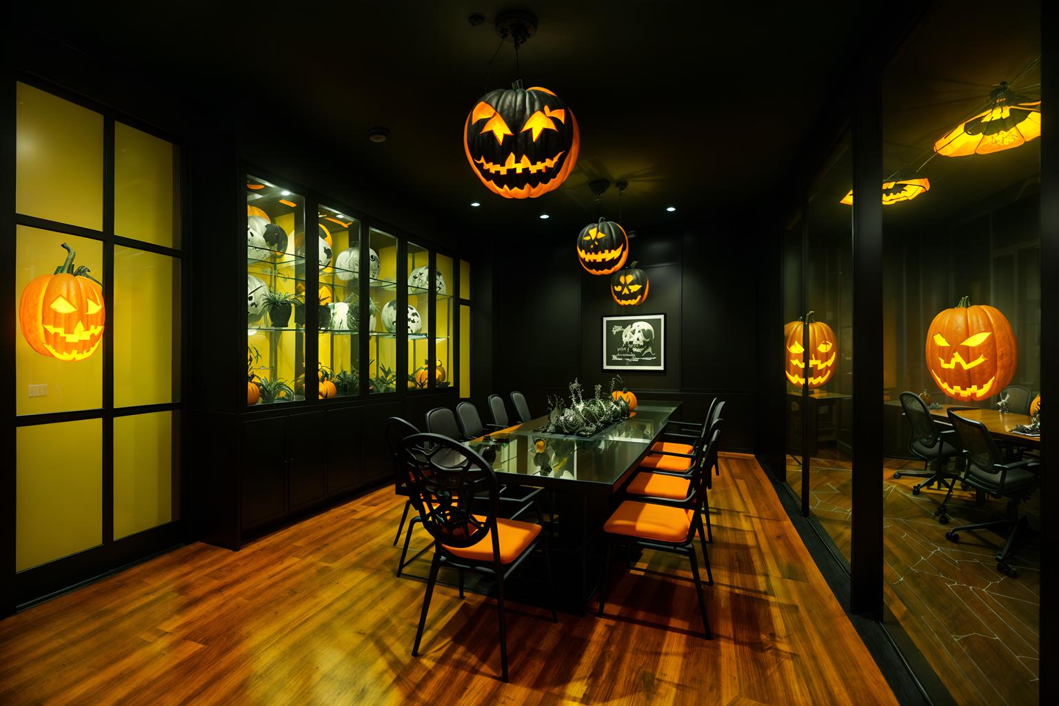 halloween-style (meeting room interior) with plant and glass walls and cabinets and boardroom table and office chairs and glass doors and vase and painting or photo on wall. . with cobwebs and glowing pumpkins and lanterns and spiderwebs and human skulls and lanterns and yellow black balloons and skeletons sitting and standing. . cinematic photo, highly detailed, cinematic lighting, ultra-detailed, ultrarealistic, photorealism, 8k. halloween interior design style. masterpiece, cinematic light, ultrarealistic+, photorealistic+, 8k, raw photo, realistic, sharp focus on eyes, (symmetrical eyes), (intact eyes), hyperrealistic, highest quality, best quality, , highly detailed, masterpiece, best quality, extremely detailed 8k wallpaper, masterpiece, best quality, ultra-detailed, best shadow, detailed background, detailed face, detailed eyes, high contrast, best illumination, detailed face, dulux, caustic, dynamic angle, detailed glow. dramatic lighting. highly detailed, insanely detailed hair, symmetrical, intricate details, professionally retouched, 8k high definition. strong bokeh. award winning photo.