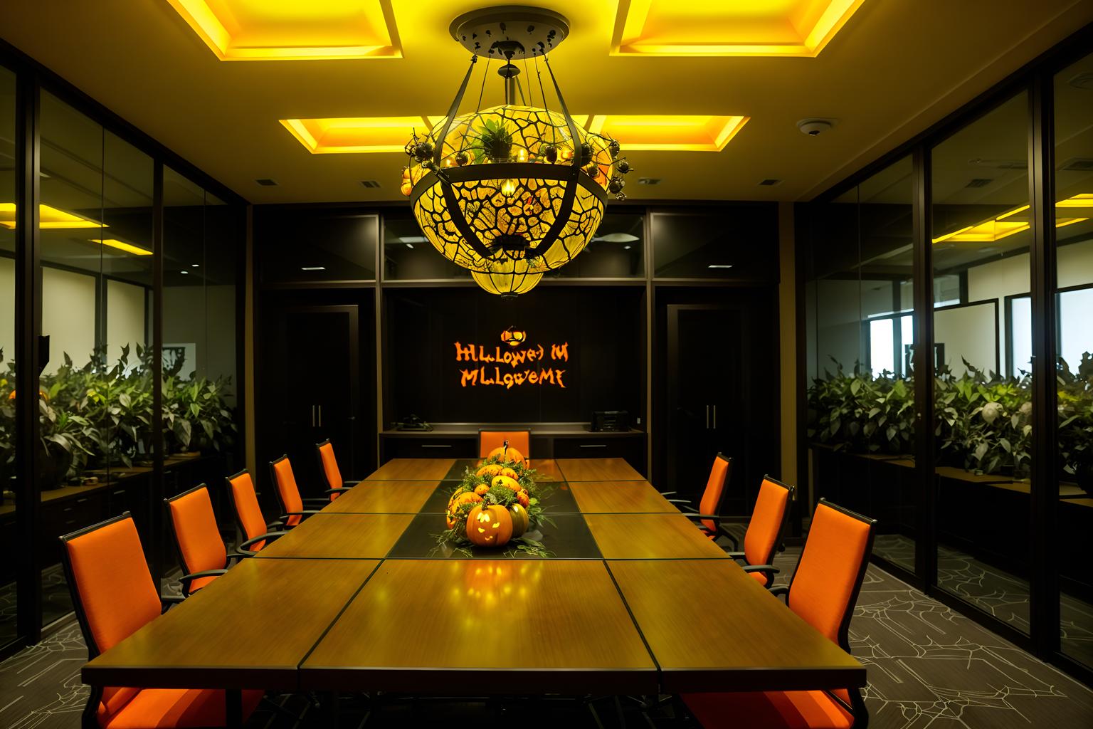 halloween-style (meeting room interior) with plant and glass walls and cabinets and boardroom table and office chairs and glass doors and vase and painting or photo on wall. . with cobwebs and glowing pumpkins and lanterns and spiderwebs and human skulls and lanterns and yellow black balloons and skeletons sitting and standing. . cinematic photo, highly detailed, cinematic lighting, ultra-detailed, ultrarealistic, photorealism, 8k. halloween interior design style. masterpiece, cinematic light, ultrarealistic+, photorealistic+, 8k, raw photo, realistic, sharp focus on eyes, (symmetrical eyes), (intact eyes), hyperrealistic, highest quality, best quality, , highly detailed, masterpiece, best quality, extremely detailed 8k wallpaper, masterpiece, best quality, ultra-detailed, best shadow, detailed background, detailed face, detailed eyes, high contrast, best illumination, detailed face, dulux, caustic, dynamic angle, detailed glow. dramatic lighting. highly detailed, insanely detailed hair, symmetrical, intricate details, professionally retouched, 8k high definition. strong bokeh. award winning photo.