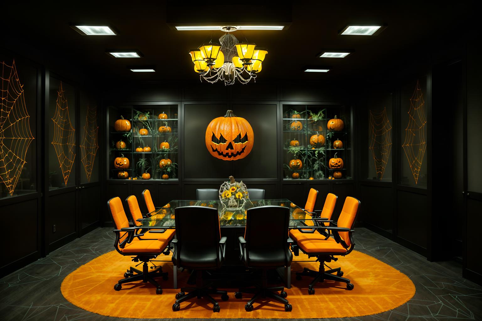 halloween-style (meeting room interior) with plant and glass walls and cabinets and boardroom table and office chairs and glass doors and vase and painting or photo on wall. . with cobwebs and glowing pumpkins and lanterns and spiderwebs and human skulls and lanterns and yellow black balloons and skeletons sitting and standing. . cinematic photo, highly detailed, cinematic lighting, ultra-detailed, ultrarealistic, photorealism, 8k. halloween interior design style. masterpiece, cinematic light, ultrarealistic+, photorealistic+, 8k, raw photo, realistic, sharp focus on eyes, (symmetrical eyes), (intact eyes), hyperrealistic, highest quality, best quality, , highly detailed, masterpiece, best quality, extremely detailed 8k wallpaper, masterpiece, best quality, ultra-detailed, best shadow, detailed background, detailed face, detailed eyes, high contrast, best illumination, detailed face, dulux, caustic, dynamic angle, detailed glow. dramatic lighting. highly detailed, insanely detailed hair, symmetrical, intricate details, professionally retouched, 8k high definition. strong bokeh. award winning photo.