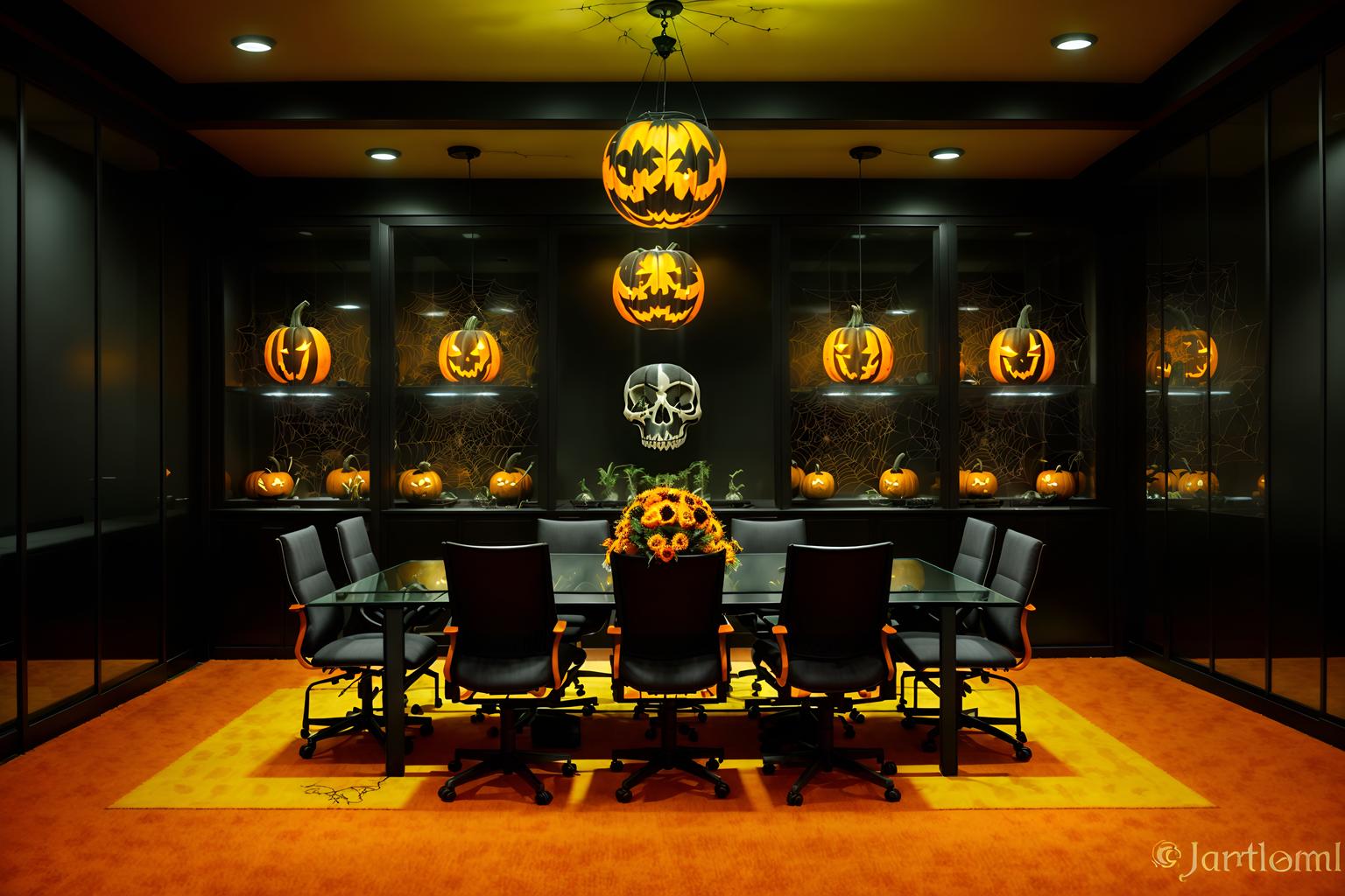 halloween-style (meeting room interior) with plant and glass walls and cabinets and boardroom table and office chairs and glass doors and vase and painting or photo on wall. . with cobwebs and glowing pumpkins and lanterns and spiderwebs and human skulls and lanterns and yellow black balloons and skeletons sitting and standing. . cinematic photo, highly detailed, cinematic lighting, ultra-detailed, ultrarealistic, photorealism, 8k. halloween interior design style. masterpiece, cinematic light, ultrarealistic+, photorealistic+, 8k, raw photo, realistic, sharp focus on eyes, (symmetrical eyes), (intact eyes), hyperrealistic, highest quality, best quality, , highly detailed, masterpiece, best quality, extremely detailed 8k wallpaper, masterpiece, best quality, ultra-detailed, best shadow, detailed background, detailed face, detailed eyes, high contrast, best illumination, detailed face, dulux, caustic, dynamic angle, detailed glow. dramatic lighting. highly detailed, insanely detailed hair, symmetrical, intricate details, professionally retouched, 8k high definition. strong bokeh. award winning photo.