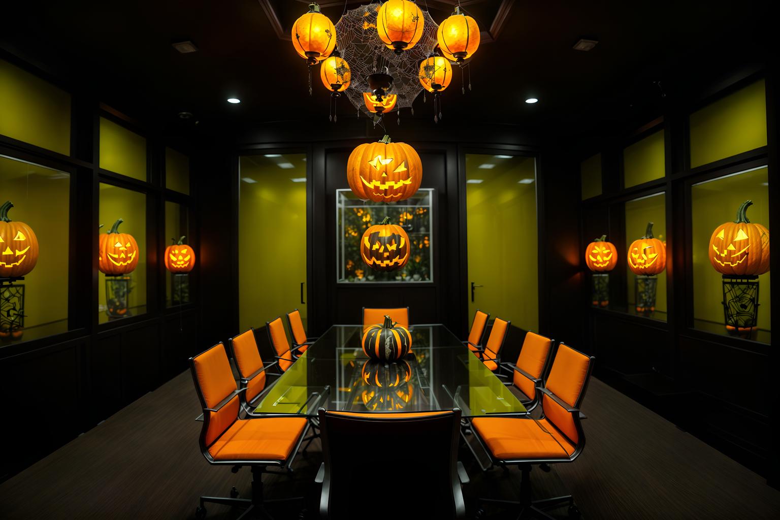 halloween-style (meeting room interior) with plant and glass walls and cabinets and boardroom table and office chairs and glass doors and vase and painting or photo on wall. . with cobwebs and glowing pumpkins and lanterns and spiderwebs and human skulls and lanterns and yellow black balloons and skeletons sitting and standing. . cinematic photo, highly detailed, cinematic lighting, ultra-detailed, ultrarealistic, photorealism, 8k. halloween interior design style. masterpiece, cinematic light, ultrarealistic+, photorealistic+, 8k, raw photo, realistic, sharp focus on eyes, (symmetrical eyes), (intact eyes), hyperrealistic, highest quality, best quality, , highly detailed, masterpiece, best quality, extremely detailed 8k wallpaper, masterpiece, best quality, ultra-detailed, best shadow, detailed background, detailed face, detailed eyes, high contrast, best illumination, detailed face, dulux, caustic, dynamic angle, detailed glow. dramatic lighting. highly detailed, insanely detailed hair, symmetrical, intricate details, professionally retouched, 8k high definition. strong bokeh. award winning photo.