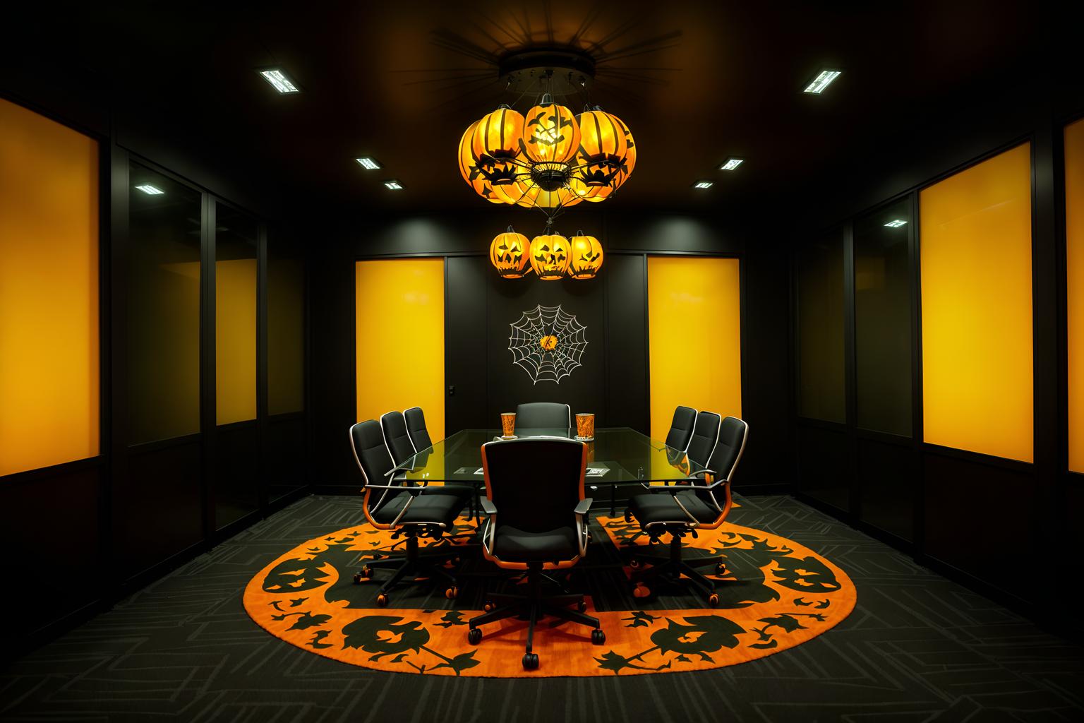 halloween-style (meeting room interior) with plant and glass walls and cabinets and boardroom table and office chairs and glass doors and vase and painting or photo on wall. . with cobwebs and glowing pumpkins and lanterns and spiderwebs and human skulls and lanterns and yellow black balloons and skeletons sitting and standing. . cinematic photo, highly detailed, cinematic lighting, ultra-detailed, ultrarealistic, photorealism, 8k. halloween interior design style. masterpiece, cinematic light, ultrarealistic+, photorealistic+, 8k, raw photo, realistic, sharp focus on eyes, (symmetrical eyes), (intact eyes), hyperrealistic, highest quality, best quality, , highly detailed, masterpiece, best quality, extremely detailed 8k wallpaper, masterpiece, best quality, ultra-detailed, best shadow, detailed background, detailed face, detailed eyes, high contrast, best illumination, detailed face, dulux, caustic, dynamic angle, detailed glow. dramatic lighting. highly detailed, insanely detailed hair, symmetrical, intricate details, professionally retouched, 8k high definition. strong bokeh. award winning photo.