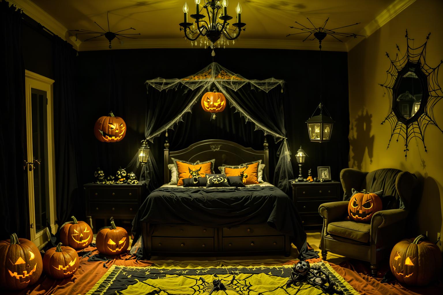 halloween-style (kids room interior) with accent chair and night light and mirror and bed and storage bench or ottoman and bedside table or night stand and dresser closet and plant. . with cobwebs and lanterns and spiderwebs and yellow black balloons and glowing pumpkins and skeletons sitting and standing and lanterns and cobwebs. . cinematic photo, highly detailed, cinematic lighting, ultra-detailed, ultrarealistic, photorealism, 8k. halloween interior design style. masterpiece, cinematic light, ultrarealistic+, photorealistic+, 8k, raw photo, realistic, sharp focus on eyes, (symmetrical eyes), (intact eyes), hyperrealistic, highest quality, best quality, , highly detailed, masterpiece, best quality, extremely detailed 8k wallpaper, masterpiece, best quality, ultra-detailed, best shadow, detailed background, detailed face, detailed eyes, high contrast, best illumination, detailed face, dulux, caustic, dynamic angle, detailed glow. dramatic lighting. highly detailed, insanely detailed hair, symmetrical, intricate details, professionally retouched, 8k high definition. strong bokeh. award winning photo.