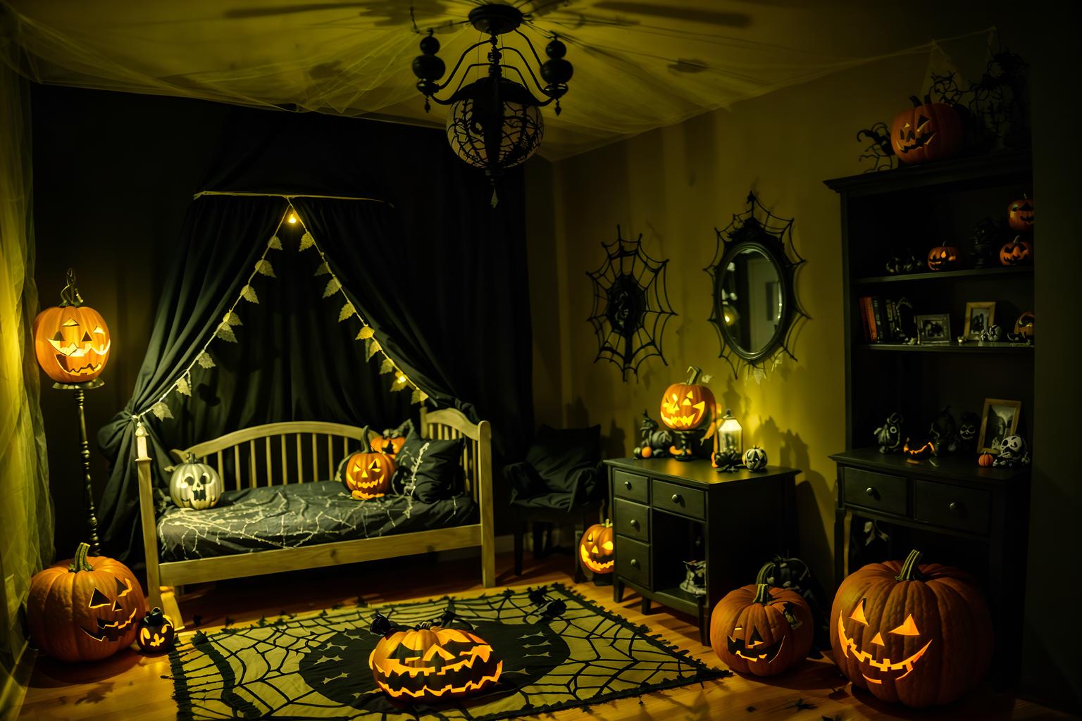 halloween-style (kids room interior) with accent chair and night light and mirror and bed and storage bench or ottoman and bedside table or night stand and dresser closet and plant. . with cobwebs and lanterns and spiderwebs and yellow black balloons and glowing pumpkins and skeletons sitting and standing and lanterns and cobwebs. . cinematic photo, highly detailed, cinematic lighting, ultra-detailed, ultrarealistic, photorealism, 8k. halloween interior design style. masterpiece, cinematic light, ultrarealistic+, photorealistic+, 8k, raw photo, realistic, sharp focus on eyes, (symmetrical eyes), (intact eyes), hyperrealistic, highest quality, best quality, , highly detailed, masterpiece, best quality, extremely detailed 8k wallpaper, masterpiece, best quality, ultra-detailed, best shadow, detailed background, detailed face, detailed eyes, high contrast, best illumination, detailed face, dulux, caustic, dynamic angle, detailed glow. dramatic lighting. highly detailed, insanely detailed hair, symmetrical, intricate details, professionally retouched, 8k high definition. strong bokeh. award winning photo.