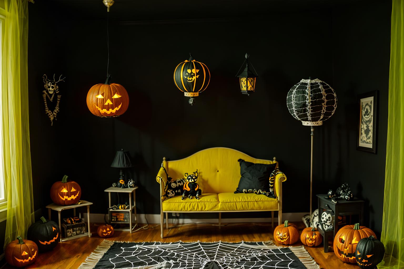 halloween-style (kids room interior) with accent chair and night light and mirror and bed and storage bench or ottoman and bedside table or night stand and dresser closet and plant. . with cobwebs and lanterns and spiderwebs and yellow black balloons and glowing pumpkins and skeletons sitting and standing and lanterns and cobwebs. . cinematic photo, highly detailed, cinematic lighting, ultra-detailed, ultrarealistic, photorealism, 8k. halloween interior design style. masterpiece, cinematic light, ultrarealistic+, photorealistic+, 8k, raw photo, realistic, sharp focus on eyes, (symmetrical eyes), (intact eyes), hyperrealistic, highest quality, best quality, , highly detailed, masterpiece, best quality, extremely detailed 8k wallpaper, masterpiece, best quality, ultra-detailed, best shadow, detailed background, detailed face, detailed eyes, high contrast, best illumination, detailed face, dulux, caustic, dynamic angle, detailed glow. dramatic lighting. highly detailed, insanely detailed hair, symmetrical, intricate details, professionally retouched, 8k high definition. strong bokeh. award winning photo.