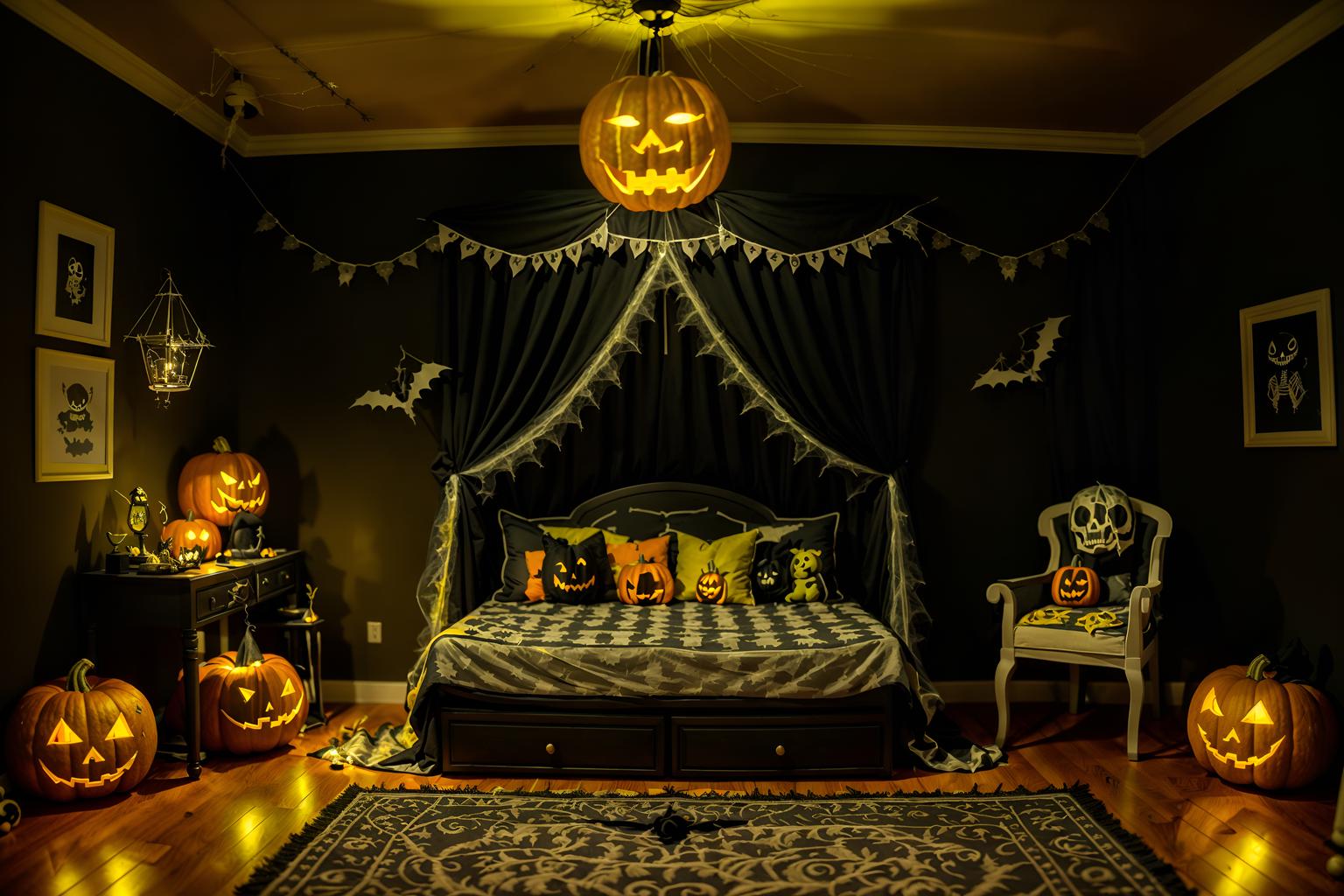 halloween-style (kids room interior) with accent chair and night light and mirror and bed and storage bench or ottoman and bedside table or night stand and dresser closet and plant. . with cobwebs and lanterns and spiderwebs and yellow black balloons and glowing pumpkins and skeletons sitting and standing and lanterns and cobwebs. . cinematic photo, highly detailed, cinematic lighting, ultra-detailed, ultrarealistic, photorealism, 8k. halloween interior design style. masterpiece, cinematic light, ultrarealistic+, photorealistic+, 8k, raw photo, realistic, sharp focus on eyes, (symmetrical eyes), (intact eyes), hyperrealistic, highest quality, best quality, , highly detailed, masterpiece, best quality, extremely detailed 8k wallpaper, masterpiece, best quality, ultra-detailed, best shadow, detailed background, detailed face, detailed eyes, high contrast, best illumination, detailed face, dulux, caustic, dynamic angle, detailed glow. dramatic lighting. highly detailed, insanely detailed hair, symmetrical, intricate details, professionally retouched, 8k high definition. strong bokeh. award winning photo.