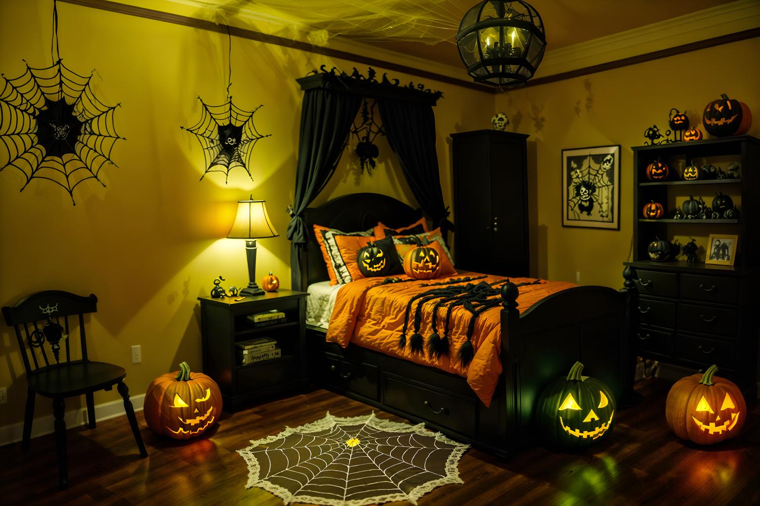 halloween-style (kids room interior) with accent chair and night light and mirror and bed and storage bench or ottoman and bedside table or night stand and dresser closet and plant. . with cobwebs and lanterns and spiderwebs and yellow black balloons and glowing pumpkins and skeletons sitting and standing and lanterns and cobwebs. . cinematic photo, highly detailed, cinematic lighting, ultra-detailed, ultrarealistic, photorealism, 8k. halloween interior design style. masterpiece, cinematic light, ultrarealistic+, photorealistic+, 8k, raw photo, realistic, sharp focus on eyes, (symmetrical eyes), (intact eyes), hyperrealistic, highest quality, best quality, , highly detailed, masterpiece, best quality, extremely detailed 8k wallpaper, masterpiece, best quality, ultra-detailed, best shadow, detailed background, detailed face, detailed eyes, high contrast, best illumination, detailed face, dulux, caustic, dynamic angle, detailed glow. dramatic lighting. highly detailed, insanely detailed hair, symmetrical, intricate details, professionally retouched, 8k high definition. strong bokeh. award winning photo.