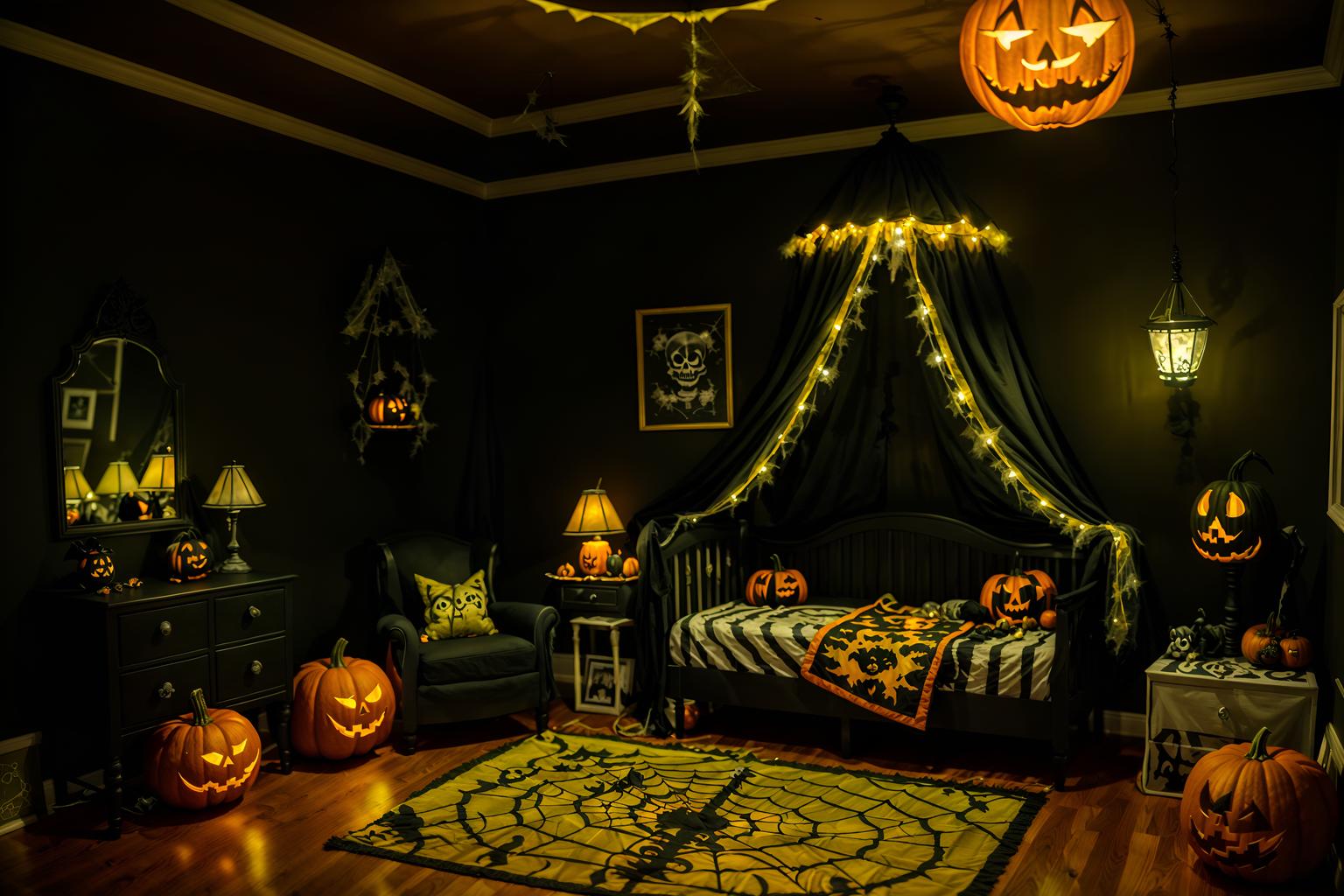 halloween-style (kids room interior) with accent chair and night light and mirror and bed and storage bench or ottoman and bedside table or night stand and dresser closet and plant. . with cobwebs and lanterns and spiderwebs and yellow black balloons and glowing pumpkins and skeletons sitting and standing and lanterns and cobwebs. . cinematic photo, highly detailed, cinematic lighting, ultra-detailed, ultrarealistic, photorealism, 8k. halloween interior design style. masterpiece, cinematic light, ultrarealistic+, photorealistic+, 8k, raw photo, realistic, sharp focus on eyes, (symmetrical eyes), (intact eyes), hyperrealistic, highest quality, best quality, , highly detailed, masterpiece, best quality, extremely detailed 8k wallpaper, masterpiece, best quality, ultra-detailed, best shadow, detailed background, detailed face, detailed eyes, high contrast, best illumination, detailed face, dulux, caustic, dynamic angle, detailed glow. dramatic lighting. highly detailed, insanely detailed hair, symmetrical, intricate details, professionally retouched, 8k high definition. strong bokeh. award winning photo.