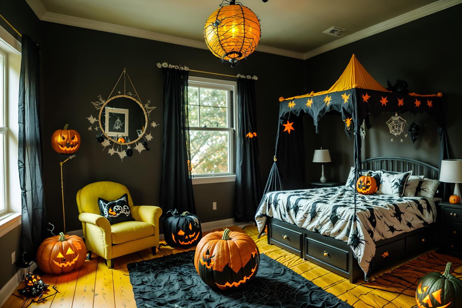 halloween-style (kids room interior) with accent chair and night light and mirror and bed and storage bench or ottoman and bedside table or night stand and dresser closet and plant. . with cobwebs and lanterns and spiderwebs and yellow black balloons and glowing pumpkins and skeletons sitting and standing and lanterns and cobwebs. . cinematic photo, highly detailed, cinematic lighting, ultra-detailed, ultrarealistic, photorealism, 8k. halloween interior design style. masterpiece, cinematic light, ultrarealistic+, photorealistic+, 8k, raw photo, realistic, sharp focus on eyes, (symmetrical eyes), (intact eyes), hyperrealistic, highest quality, best quality, , highly detailed, masterpiece, best quality, extremely detailed 8k wallpaper, masterpiece, best quality, ultra-detailed, best shadow, detailed background, detailed face, detailed eyes, high contrast, best illumination, detailed face, dulux, caustic, dynamic angle, detailed glow. dramatic lighting. highly detailed, insanely detailed hair, symmetrical, intricate details, professionally retouched, 8k high definition. strong bokeh. award winning photo.