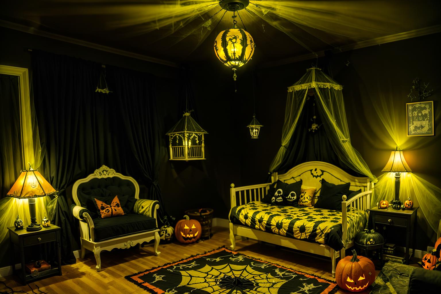 halloween-style (kids room interior) with accent chair and night light and mirror and bed and storage bench or ottoman and bedside table or night stand and dresser closet and plant. . with cobwebs and lanterns and spiderwebs and yellow black balloons and glowing pumpkins and skeletons sitting and standing and lanterns and cobwebs. . cinematic photo, highly detailed, cinematic lighting, ultra-detailed, ultrarealistic, photorealism, 8k. halloween interior design style. masterpiece, cinematic light, ultrarealistic+, photorealistic+, 8k, raw photo, realistic, sharp focus on eyes, (symmetrical eyes), (intact eyes), hyperrealistic, highest quality, best quality, , highly detailed, masterpiece, best quality, extremely detailed 8k wallpaper, masterpiece, best quality, ultra-detailed, best shadow, detailed background, detailed face, detailed eyes, high contrast, best illumination, detailed face, dulux, caustic, dynamic angle, detailed glow. dramatic lighting. highly detailed, insanely detailed hair, symmetrical, intricate details, professionally retouched, 8k high definition. strong bokeh. award winning photo.