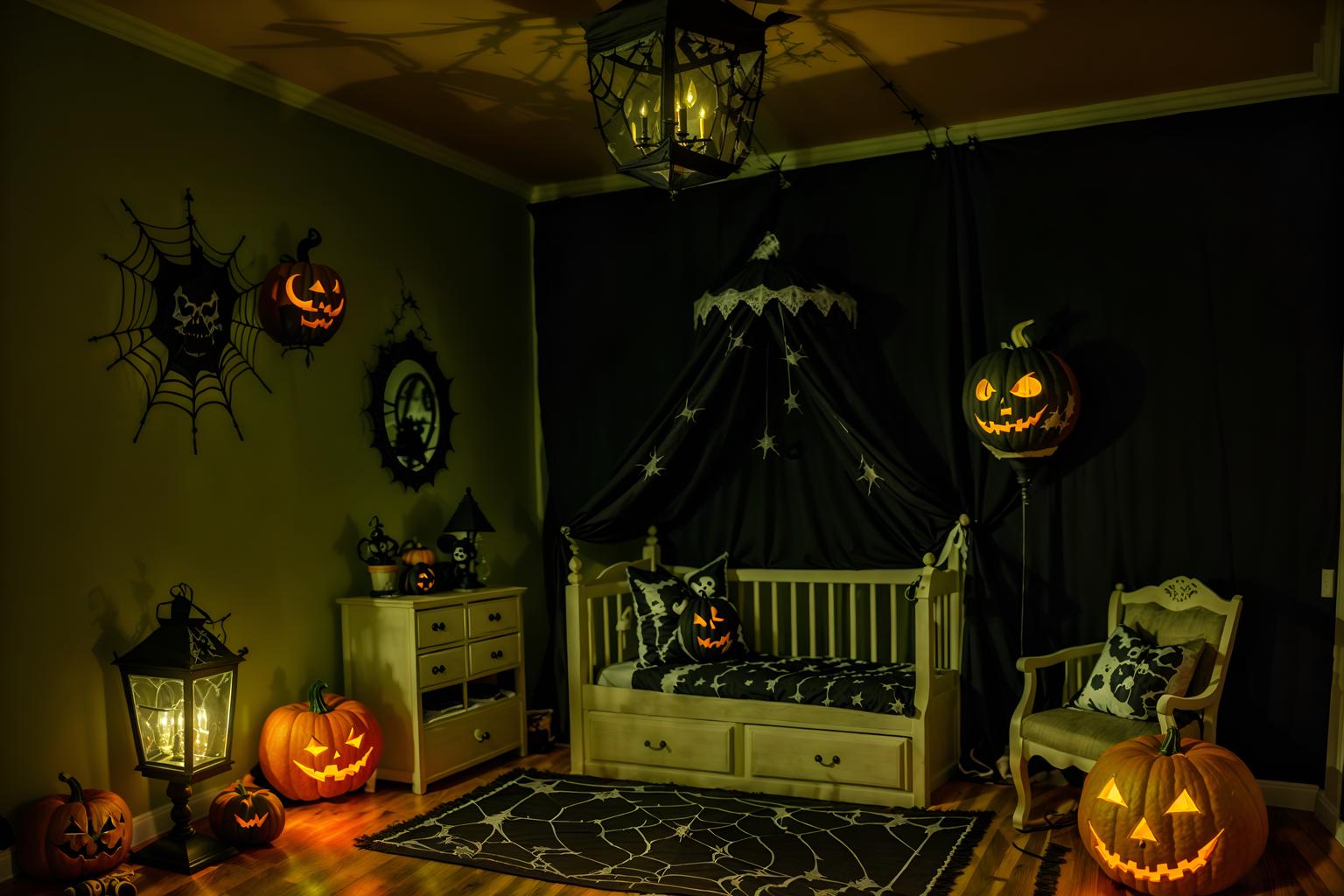 halloween-style (kids room interior) with accent chair and night light and mirror and bed and storage bench or ottoman and bedside table or night stand and dresser closet and plant. . with cobwebs and lanterns and spiderwebs and yellow black balloons and glowing pumpkins and skeletons sitting and standing and lanterns and cobwebs. . cinematic photo, highly detailed, cinematic lighting, ultra-detailed, ultrarealistic, photorealism, 8k. halloween interior design style. masterpiece, cinematic light, ultrarealistic+, photorealistic+, 8k, raw photo, realistic, sharp focus on eyes, (symmetrical eyes), (intact eyes), hyperrealistic, highest quality, best quality, , highly detailed, masterpiece, best quality, extremely detailed 8k wallpaper, masterpiece, best quality, ultra-detailed, best shadow, detailed background, detailed face, detailed eyes, high contrast, best illumination, detailed face, dulux, caustic, dynamic angle, detailed glow. dramatic lighting. highly detailed, insanely detailed hair, symmetrical, intricate details, professionally retouched, 8k high definition. strong bokeh. award winning photo.