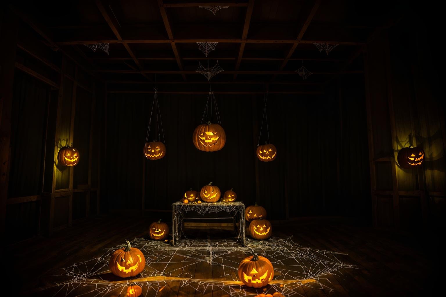 halloween-style (exhibition space interior) . with cobwebs and glowing pumpkins and human skulls and lanterns and cobwebs and spiderwebs and lanterns and yellow black balloons. . cinematic photo, highly detailed, cinematic lighting, ultra-detailed, ultrarealistic, photorealism, 8k. halloween interior design style. masterpiece, cinematic light, ultrarealistic+, photorealistic+, 8k, raw photo, realistic, sharp focus on eyes, (symmetrical eyes), (intact eyes), hyperrealistic, highest quality, best quality, , highly detailed, masterpiece, best quality, extremely detailed 8k wallpaper, masterpiece, best quality, ultra-detailed, best shadow, detailed background, detailed face, detailed eyes, high contrast, best illumination, detailed face, dulux, caustic, dynamic angle, detailed glow. dramatic lighting. highly detailed, insanely detailed hair, symmetrical, intricate details, professionally retouched, 8k high definition. strong bokeh. award winning photo.