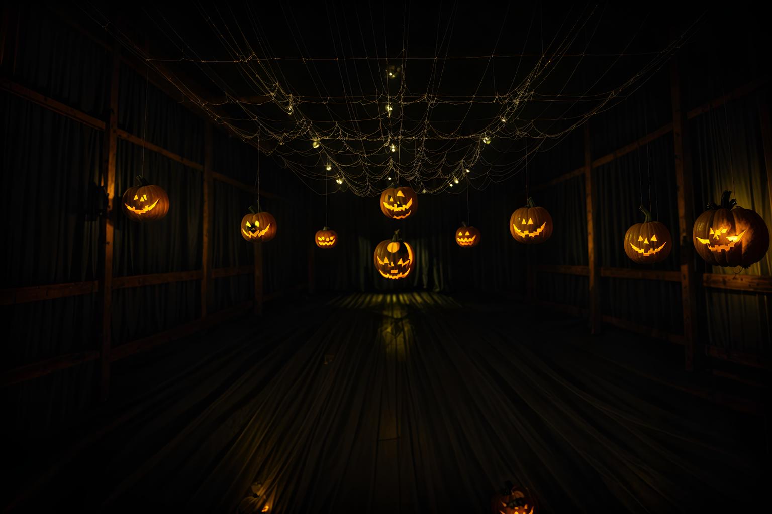 halloween-style (exhibition space interior) . with cobwebs and glowing pumpkins and human skulls and lanterns and cobwebs and spiderwebs and lanterns and yellow black balloons. . cinematic photo, highly detailed, cinematic lighting, ultra-detailed, ultrarealistic, photorealism, 8k. halloween interior design style. masterpiece, cinematic light, ultrarealistic+, photorealistic+, 8k, raw photo, realistic, sharp focus on eyes, (symmetrical eyes), (intact eyes), hyperrealistic, highest quality, best quality, , highly detailed, masterpiece, best quality, extremely detailed 8k wallpaper, masterpiece, best quality, ultra-detailed, best shadow, detailed background, detailed face, detailed eyes, high contrast, best illumination, detailed face, dulux, caustic, dynamic angle, detailed glow. dramatic lighting. highly detailed, insanely detailed hair, symmetrical, intricate details, professionally retouched, 8k high definition. strong bokeh. award winning photo.