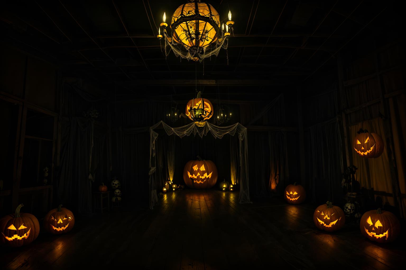 halloween-style (exhibition space interior) . with cobwebs and glowing pumpkins and human skulls and lanterns and cobwebs and spiderwebs and lanterns and yellow black balloons. . cinematic photo, highly detailed, cinematic lighting, ultra-detailed, ultrarealistic, photorealism, 8k. halloween interior design style. masterpiece, cinematic light, ultrarealistic+, photorealistic+, 8k, raw photo, realistic, sharp focus on eyes, (symmetrical eyes), (intact eyes), hyperrealistic, highest quality, best quality, , highly detailed, masterpiece, best quality, extremely detailed 8k wallpaper, masterpiece, best quality, ultra-detailed, best shadow, detailed background, detailed face, detailed eyes, high contrast, best illumination, detailed face, dulux, caustic, dynamic angle, detailed glow. dramatic lighting. highly detailed, insanely detailed hair, symmetrical, intricate details, professionally retouched, 8k high definition. strong bokeh. award winning photo.