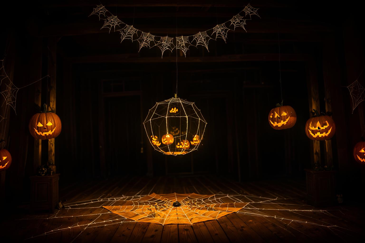 halloween-style (exhibition space interior) . with cobwebs and glowing pumpkins and human skulls and lanterns and cobwebs and spiderwebs and lanterns and yellow black balloons. . cinematic photo, highly detailed, cinematic lighting, ultra-detailed, ultrarealistic, photorealism, 8k. halloween interior design style. masterpiece, cinematic light, ultrarealistic+, photorealistic+, 8k, raw photo, realistic, sharp focus on eyes, (symmetrical eyes), (intact eyes), hyperrealistic, highest quality, best quality, , highly detailed, masterpiece, best quality, extremely detailed 8k wallpaper, masterpiece, best quality, ultra-detailed, best shadow, detailed background, detailed face, detailed eyes, high contrast, best illumination, detailed face, dulux, caustic, dynamic angle, detailed glow. dramatic lighting. highly detailed, insanely detailed hair, symmetrical, intricate details, professionally retouched, 8k high definition. strong bokeh. award winning photo.