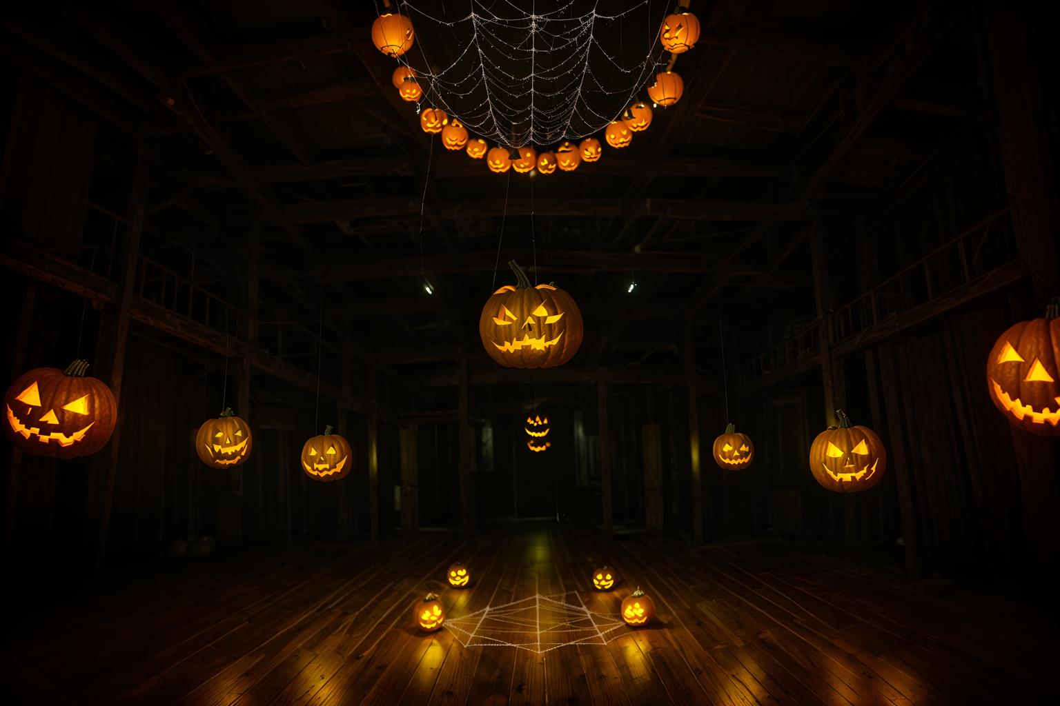 halloween-style (exhibition space interior) . with cobwebs and glowing pumpkins and human skulls and lanterns and cobwebs and spiderwebs and lanterns and yellow black balloons. . cinematic photo, highly detailed, cinematic lighting, ultra-detailed, ultrarealistic, photorealism, 8k. halloween interior design style. masterpiece, cinematic light, ultrarealistic+, photorealistic+, 8k, raw photo, realistic, sharp focus on eyes, (symmetrical eyes), (intact eyes), hyperrealistic, highest quality, best quality, , highly detailed, masterpiece, best quality, extremely detailed 8k wallpaper, masterpiece, best quality, ultra-detailed, best shadow, detailed background, detailed face, detailed eyes, high contrast, best illumination, detailed face, dulux, caustic, dynamic angle, detailed glow. dramatic lighting. highly detailed, insanely detailed hair, symmetrical, intricate details, professionally retouched, 8k high definition. strong bokeh. award winning photo.