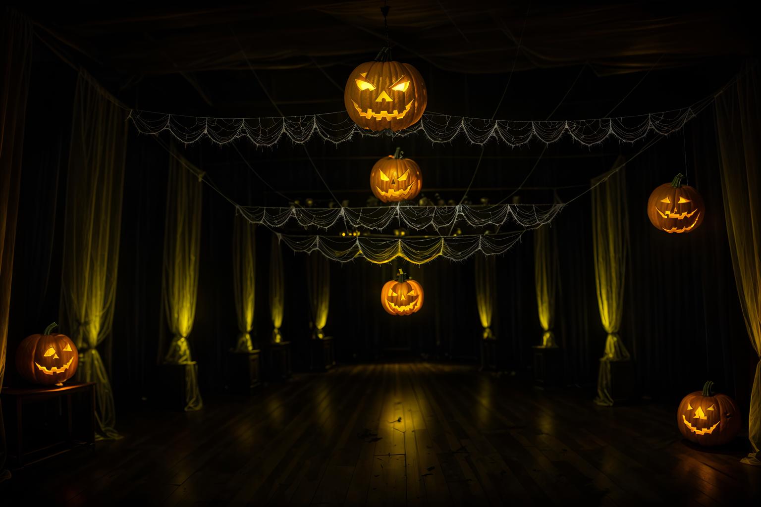 halloween-style (exhibition space interior) . with cobwebs and glowing pumpkins and human skulls and lanterns and cobwebs and spiderwebs and lanterns and yellow black balloons. . cinematic photo, highly detailed, cinematic lighting, ultra-detailed, ultrarealistic, photorealism, 8k. halloween interior design style. masterpiece, cinematic light, ultrarealistic+, photorealistic+, 8k, raw photo, realistic, sharp focus on eyes, (symmetrical eyes), (intact eyes), hyperrealistic, highest quality, best quality, , highly detailed, masterpiece, best quality, extremely detailed 8k wallpaper, masterpiece, best quality, ultra-detailed, best shadow, detailed background, detailed face, detailed eyes, high contrast, best illumination, detailed face, dulux, caustic, dynamic angle, detailed glow. dramatic lighting. highly detailed, insanely detailed hair, symmetrical, intricate details, professionally retouched, 8k high definition. strong bokeh. award winning photo.