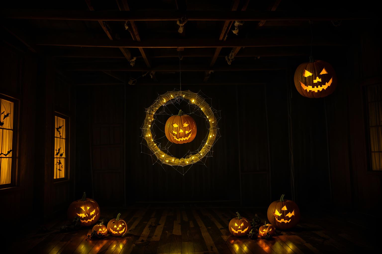 halloween-style (exhibition space interior) . with cobwebs and glowing pumpkins and human skulls and lanterns and cobwebs and spiderwebs and lanterns and yellow black balloons. . cinematic photo, highly detailed, cinematic lighting, ultra-detailed, ultrarealistic, photorealism, 8k. halloween interior design style. masterpiece, cinematic light, ultrarealistic+, photorealistic+, 8k, raw photo, realistic, sharp focus on eyes, (symmetrical eyes), (intact eyes), hyperrealistic, highest quality, best quality, , highly detailed, masterpiece, best quality, extremely detailed 8k wallpaper, masterpiece, best quality, ultra-detailed, best shadow, detailed background, detailed face, detailed eyes, high contrast, best illumination, detailed face, dulux, caustic, dynamic angle, detailed glow. dramatic lighting. highly detailed, insanely detailed hair, symmetrical, intricate details, professionally retouched, 8k high definition. strong bokeh. award winning photo.