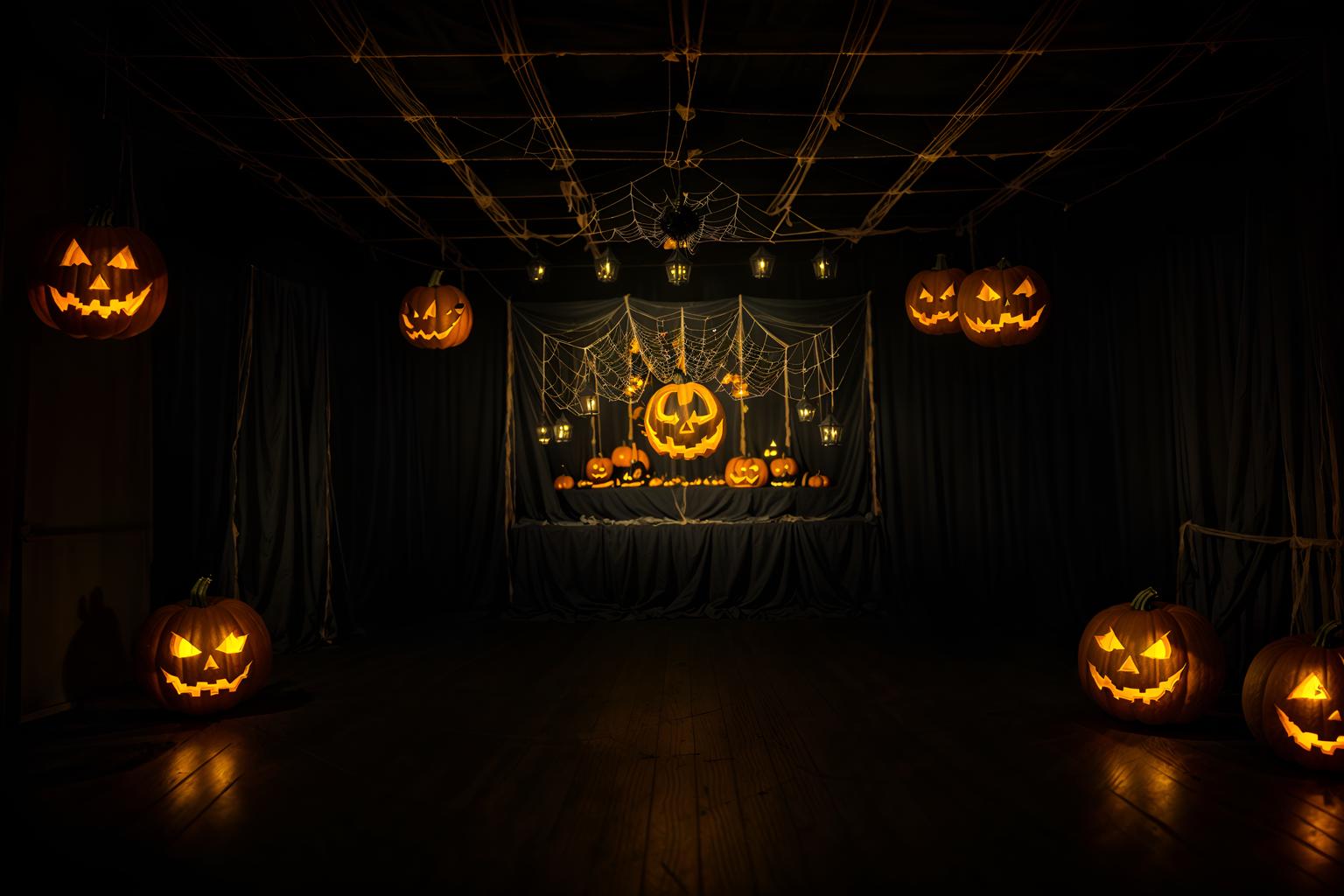 halloween-style (exhibition space interior) . with cobwebs and glowing pumpkins and human skulls and lanterns and cobwebs and spiderwebs and lanterns and yellow black balloons. . cinematic photo, highly detailed, cinematic lighting, ultra-detailed, ultrarealistic, photorealism, 8k. halloween interior design style. masterpiece, cinematic light, ultrarealistic+, photorealistic+, 8k, raw photo, realistic, sharp focus on eyes, (symmetrical eyes), (intact eyes), hyperrealistic, highest quality, best quality, , highly detailed, masterpiece, best quality, extremely detailed 8k wallpaper, masterpiece, best quality, ultra-detailed, best shadow, detailed background, detailed face, detailed eyes, high contrast, best illumination, detailed face, dulux, caustic, dynamic angle, detailed glow. dramatic lighting. highly detailed, insanely detailed hair, symmetrical, intricate details, professionally retouched, 8k high definition. strong bokeh. award winning photo.