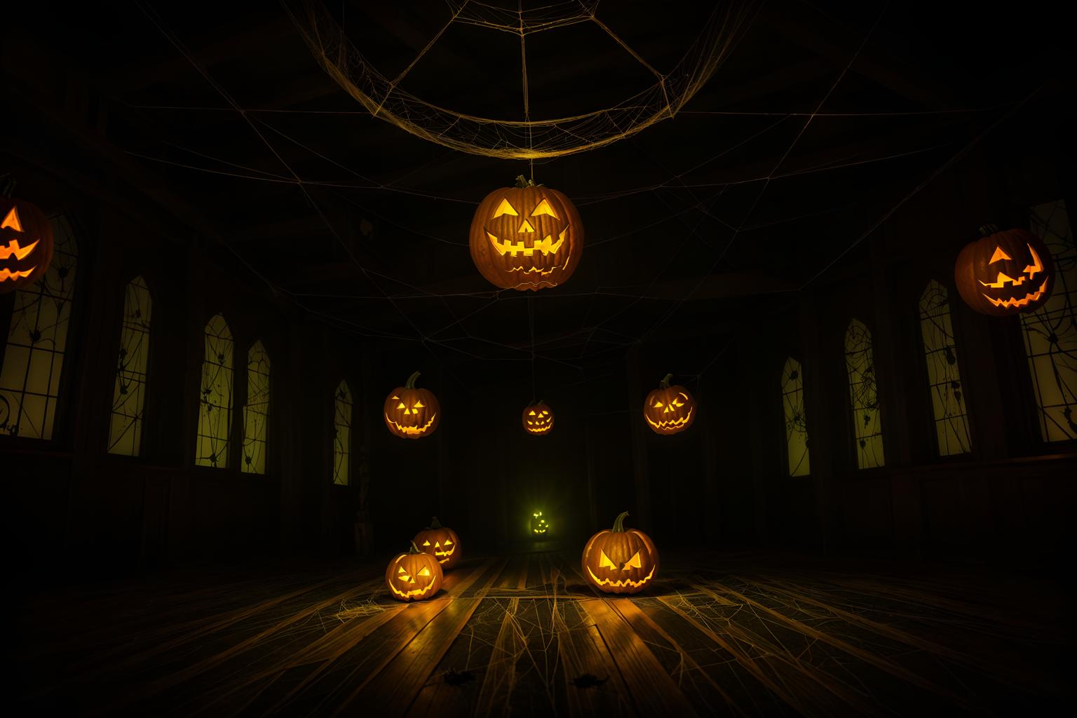 halloween-style (exhibition space interior) . with cobwebs and glowing pumpkins and human skulls and lanterns and cobwebs and spiderwebs and lanterns and yellow black balloons. . cinematic photo, highly detailed, cinematic lighting, ultra-detailed, ultrarealistic, photorealism, 8k. halloween interior design style. masterpiece, cinematic light, ultrarealistic+, photorealistic+, 8k, raw photo, realistic, sharp focus on eyes, (symmetrical eyes), (intact eyes), hyperrealistic, highest quality, best quality, , highly detailed, masterpiece, best quality, extremely detailed 8k wallpaper, masterpiece, best quality, ultra-detailed, best shadow, detailed background, detailed face, detailed eyes, high contrast, best illumination, detailed face, dulux, caustic, dynamic angle, detailed glow. dramatic lighting. highly detailed, insanely detailed hair, symmetrical, intricate details, professionally retouched, 8k high definition. strong bokeh. award winning photo.