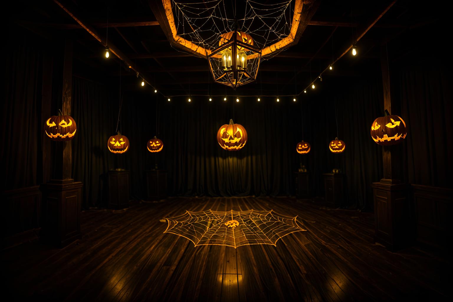 halloween-style (exhibition space interior) . with cobwebs and glowing pumpkins and human skulls and lanterns and cobwebs and spiderwebs and lanterns and yellow black balloons. . cinematic photo, highly detailed, cinematic lighting, ultra-detailed, ultrarealistic, photorealism, 8k. halloween interior design style. masterpiece, cinematic light, ultrarealistic+, photorealistic+, 8k, raw photo, realistic, sharp focus on eyes, (symmetrical eyes), (intact eyes), hyperrealistic, highest quality, best quality, , highly detailed, masterpiece, best quality, extremely detailed 8k wallpaper, masterpiece, best quality, ultra-detailed, best shadow, detailed background, detailed face, detailed eyes, high contrast, best illumination, detailed face, dulux, caustic, dynamic angle, detailed glow. dramatic lighting. highly detailed, insanely detailed hair, symmetrical, intricate details, professionally retouched, 8k high definition. strong bokeh. award winning photo.