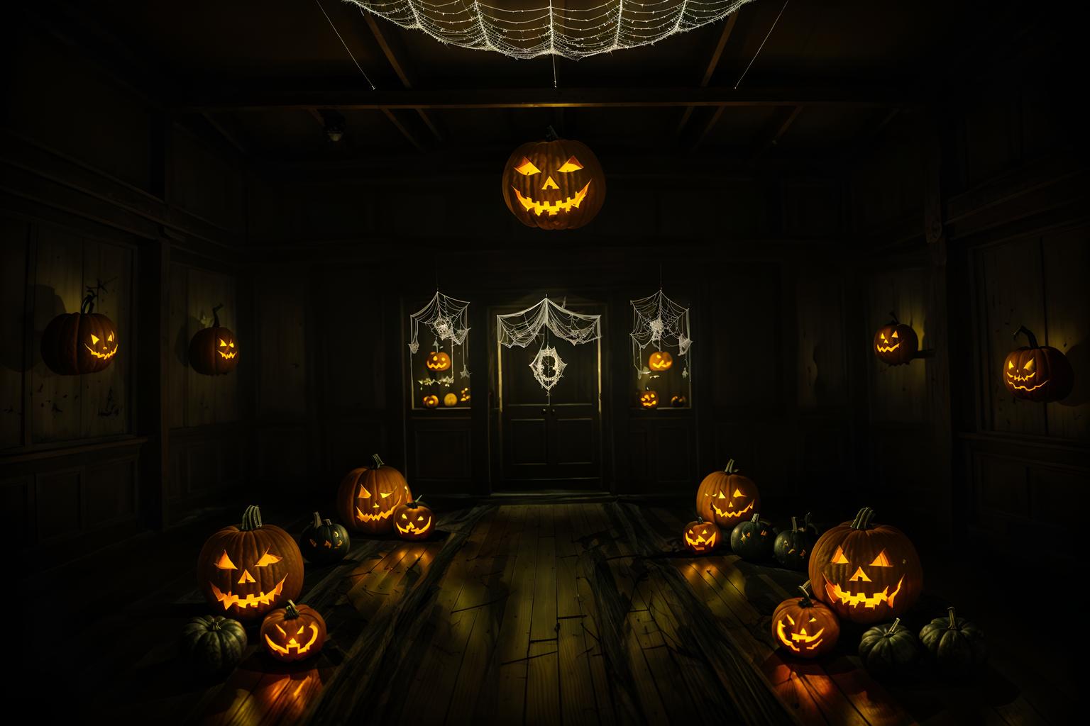 halloween-style (exhibition space interior) . with cobwebs and glowing pumpkins and human skulls and lanterns and cobwebs and spiderwebs and lanterns and yellow black balloons. . cinematic photo, highly detailed, cinematic lighting, ultra-detailed, ultrarealistic, photorealism, 8k. halloween interior design style. masterpiece, cinematic light, ultrarealistic+, photorealistic+, 8k, raw photo, realistic, sharp focus on eyes, (symmetrical eyes), (intact eyes), hyperrealistic, highest quality, best quality, , highly detailed, masterpiece, best quality, extremely detailed 8k wallpaper, masterpiece, best quality, ultra-detailed, best shadow, detailed background, detailed face, detailed eyes, high contrast, best illumination, detailed face, dulux, caustic, dynamic angle, detailed glow. dramatic lighting. highly detailed, insanely detailed hair, symmetrical, intricate details, professionally retouched, 8k high definition. strong bokeh. award winning photo.