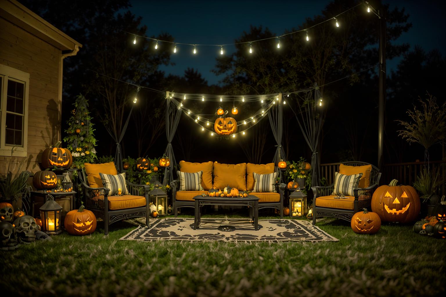 halloween-style designed (outdoor patio ) with patio couch with pillows and barbeque or grill and grass and plant and deck with deck chairs and patio couch with pillows. . with cobwebs and skeletons sitting and standing and glowing pumpkins and lanterns and lanterns and human skulls and yellow black balloons and cobwebs. . cinematic photo, highly detailed, cinematic lighting, ultra-detailed, ultrarealistic, photorealism, 8k. halloween design style. masterpiece, cinematic light, ultrarealistic+, photorealistic+, 8k, raw photo, realistic, sharp focus on eyes, (symmetrical eyes), (intact eyes), hyperrealistic, highest quality, best quality, , highly detailed, masterpiece, best quality, extremely detailed 8k wallpaper, masterpiece, best quality, ultra-detailed, best shadow, detailed background, detailed face, detailed eyes, high contrast, best illumination, detailed face, dulux, caustic, dynamic angle, detailed glow. dramatic lighting. highly detailed, insanely detailed hair, symmetrical, intricate details, professionally retouched, 8k high definition. strong bokeh. award winning photo.