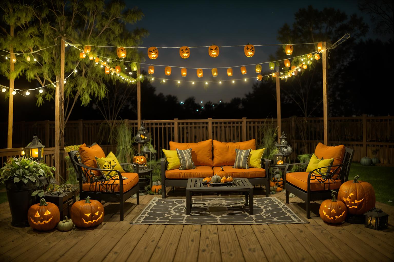 halloween-style designed (outdoor patio ) with patio couch with pillows and barbeque or grill and grass and plant and deck with deck chairs and patio couch with pillows. . with cobwebs and skeletons sitting and standing and glowing pumpkins and lanterns and lanterns and human skulls and yellow black balloons and cobwebs. . cinematic photo, highly detailed, cinematic lighting, ultra-detailed, ultrarealistic, photorealism, 8k. halloween design style. masterpiece, cinematic light, ultrarealistic+, photorealistic+, 8k, raw photo, realistic, sharp focus on eyes, (symmetrical eyes), (intact eyes), hyperrealistic, highest quality, best quality, , highly detailed, masterpiece, best quality, extremely detailed 8k wallpaper, masterpiece, best quality, ultra-detailed, best shadow, detailed background, detailed face, detailed eyes, high contrast, best illumination, detailed face, dulux, caustic, dynamic angle, detailed glow. dramatic lighting. highly detailed, insanely detailed hair, symmetrical, intricate details, professionally retouched, 8k high definition. strong bokeh. award winning photo.