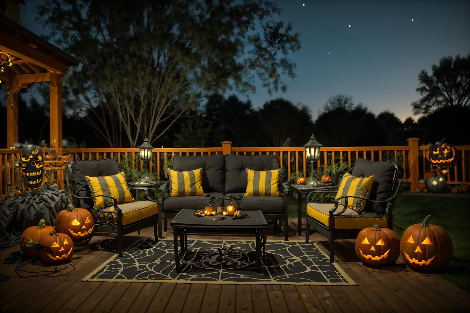 halloween-style designed (outdoor patio ) with patio couch with pillows and barbeque or grill and grass and plant and deck with deck chairs and patio couch with pillows. . with cobwebs and skeletons sitting and standing and glowing pumpkins and lanterns and lanterns and human skulls and yellow black balloons and cobwebs. . cinematic photo, highly detailed, cinematic lighting, ultra-detailed, ultrarealistic, photorealism, 8k. halloween design style. masterpiece, cinematic light, ultrarealistic+, photorealistic+, 8k, raw photo, realistic, sharp focus on eyes, (symmetrical eyes), (intact eyes), hyperrealistic, highest quality, best quality, , highly detailed, masterpiece, best quality, extremely detailed 8k wallpaper, masterpiece, best quality, ultra-detailed, best shadow, detailed background, detailed face, detailed eyes, high contrast, best illumination, detailed face, dulux, caustic, dynamic angle, detailed glow. dramatic lighting. highly detailed, insanely detailed hair, symmetrical, intricate details, professionally retouched, 8k high definition. strong bokeh. award winning photo.