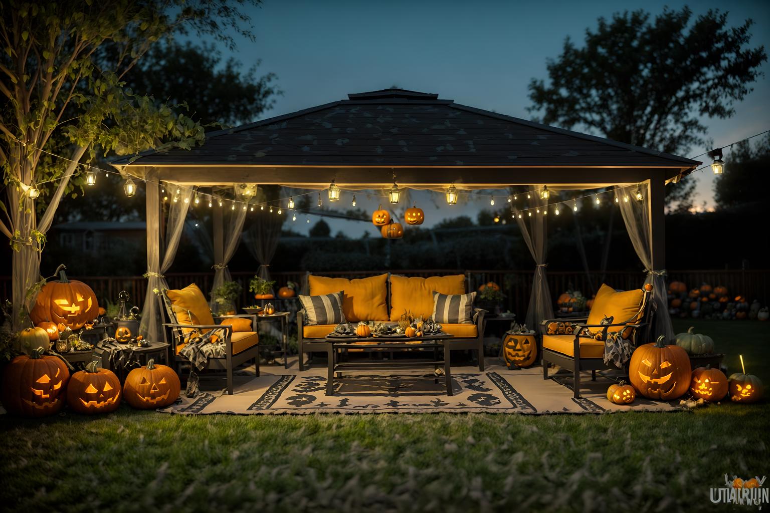halloween-style designed (outdoor patio ) with patio couch with pillows and barbeque or grill and grass and plant and deck with deck chairs and patio couch with pillows. . with cobwebs and skeletons sitting and standing and glowing pumpkins and lanterns and lanterns and human skulls and yellow black balloons and cobwebs. . cinematic photo, highly detailed, cinematic lighting, ultra-detailed, ultrarealistic, photorealism, 8k. halloween design style. masterpiece, cinematic light, ultrarealistic+, photorealistic+, 8k, raw photo, realistic, sharp focus on eyes, (symmetrical eyes), (intact eyes), hyperrealistic, highest quality, best quality, , highly detailed, masterpiece, best quality, extremely detailed 8k wallpaper, masterpiece, best quality, ultra-detailed, best shadow, detailed background, detailed face, detailed eyes, high contrast, best illumination, detailed face, dulux, caustic, dynamic angle, detailed glow. dramatic lighting. highly detailed, insanely detailed hair, symmetrical, intricate details, professionally retouched, 8k high definition. strong bokeh. award winning photo.