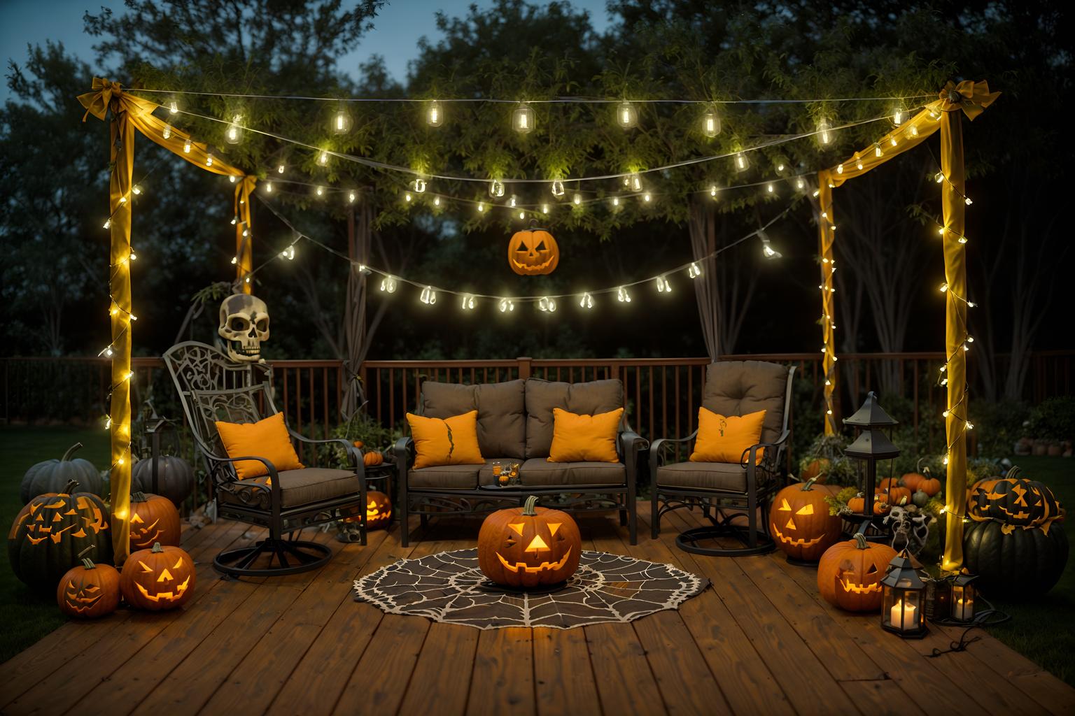 halloween-style designed (outdoor patio ) with patio couch with pillows and barbeque or grill and grass and plant and deck with deck chairs and patio couch with pillows. . with cobwebs and skeletons sitting and standing and glowing pumpkins and lanterns and lanterns and human skulls and yellow black balloons and cobwebs. . cinematic photo, highly detailed, cinematic lighting, ultra-detailed, ultrarealistic, photorealism, 8k. halloween design style. masterpiece, cinematic light, ultrarealistic+, photorealistic+, 8k, raw photo, realistic, sharp focus on eyes, (symmetrical eyes), (intact eyes), hyperrealistic, highest quality, best quality, , highly detailed, masterpiece, best quality, extremely detailed 8k wallpaper, masterpiece, best quality, ultra-detailed, best shadow, detailed background, detailed face, detailed eyes, high contrast, best illumination, detailed face, dulux, caustic, dynamic angle, detailed glow. dramatic lighting. highly detailed, insanely detailed hair, symmetrical, intricate details, professionally retouched, 8k high definition. strong bokeh. award winning photo.