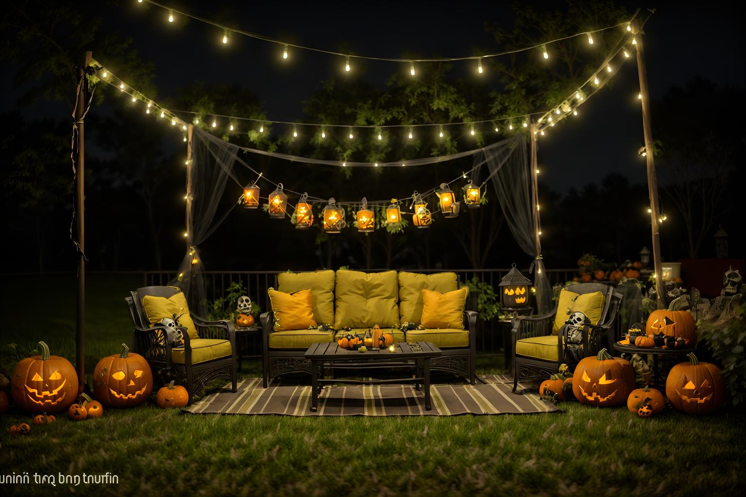 halloween-style designed (outdoor patio ) with patio couch with pillows and barbeque or grill and grass and plant and deck with deck chairs and patio couch with pillows. . with cobwebs and skeletons sitting and standing and glowing pumpkins and lanterns and lanterns and human skulls and yellow black balloons and cobwebs. . cinematic photo, highly detailed, cinematic lighting, ultra-detailed, ultrarealistic, photorealism, 8k. halloween design style. masterpiece, cinematic light, ultrarealistic+, photorealistic+, 8k, raw photo, realistic, sharp focus on eyes, (symmetrical eyes), (intact eyes), hyperrealistic, highest quality, best quality, , highly detailed, masterpiece, best quality, extremely detailed 8k wallpaper, masterpiece, best quality, ultra-detailed, best shadow, detailed background, detailed face, detailed eyes, high contrast, best illumination, detailed face, dulux, caustic, dynamic angle, detailed glow. dramatic lighting. highly detailed, insanely detailed hair, symmetrical, intricate details, professionally retouched, 8k high definition. strong bokeh. award winning photo.