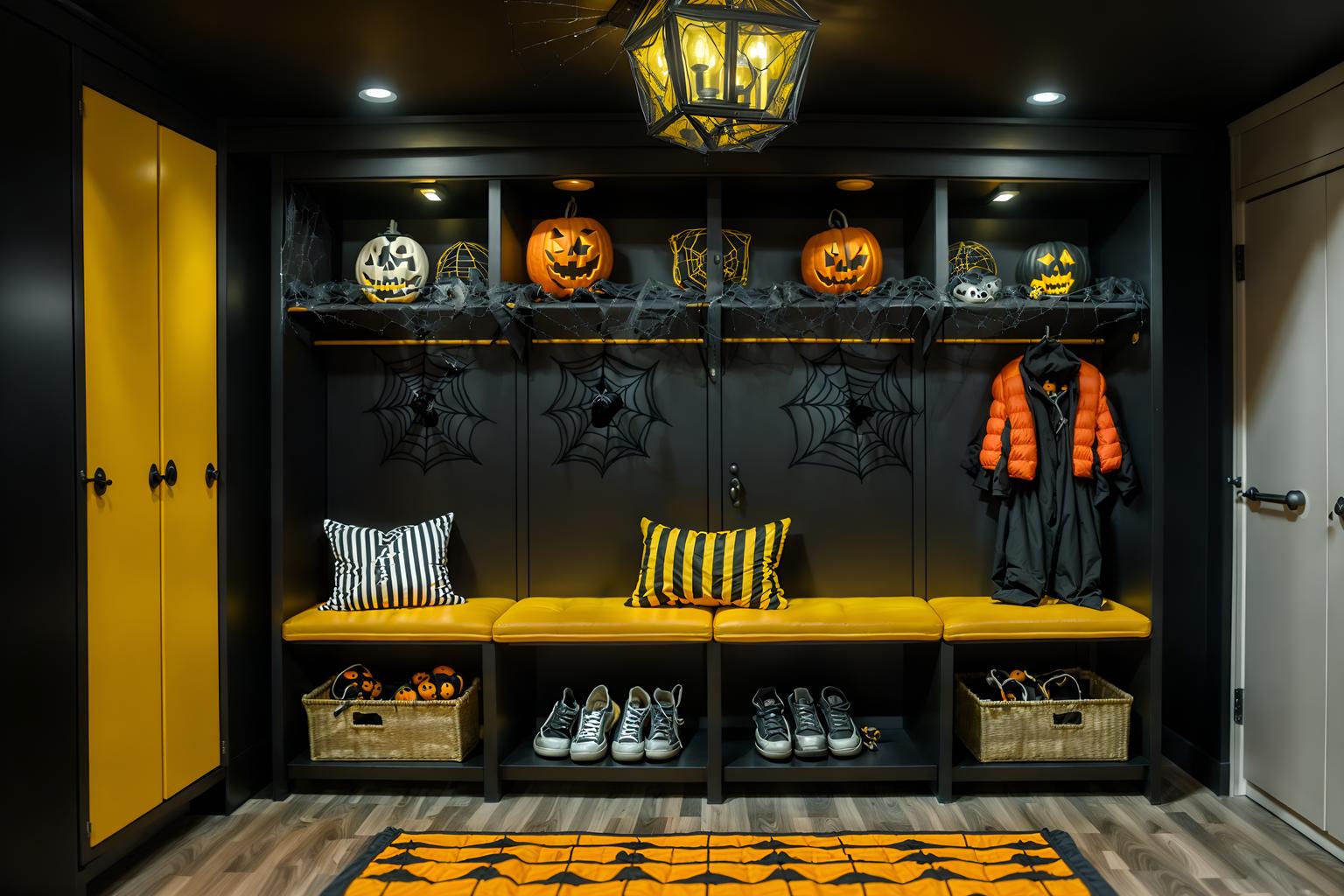 halloween-style (drop zone interior) with a bench and storage baskets and lockers and cabinets and shelves for shoes and cubbies and wall hooks for coats and high up storage. . with skeletons sitting and standing and yellow black balloons and lanterns and spiderwebs and cobwebs and cobwebs and human skulls and lanterns. . cinematic photo, highly detailed, cinematic lighting, ultra-detailed, ultrarealistic, photorealism, 8k. halloween interior design style. masterpiece, cinematic light, ultrarealistic+, photorealistic+, 8k, raw photo, realistic, sharp focus on eyes, (symmetrical eyes), (intact eyes), hyperrealistic, highest quality, best quality, , highly detailed, masterpiece, best quality, extremely detailed 8k wallpaper, masterpiece, best quality, ultra-detailed, best shadow, detailed background, detailed face, detailed eyes, high contrast, best illumination, detailed face, dulux, caustic, dynamic angle, detailed glow. dramatic lighting. highly detailed, insanely detailed hair, symmetrical, intricate details, professionally retouched, 8k high definition. strong bokeh. award winning photo.