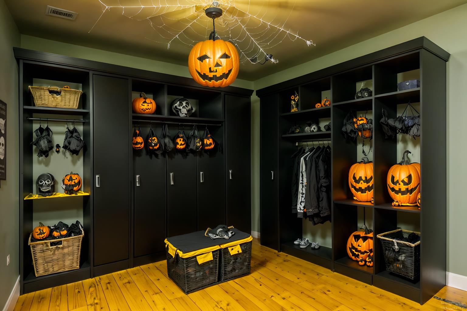 halloween-style (drop zone interior) with a bench and storage baskets and lockers and cabinets and shelves for shoes and cubbies and wall hooks for coats and high up storage. . with skeletons sitting and standing and yellow black balloons and lanterns and spiderwebs and cobwebs and cobwebs and human skulls and lanterns. . cinematic photo, highly detailed, cinematic lighting, ultra-detailed, ultrarealistic, photorealism, 8k. halloween interior design style. masterpiece, cinematic light, ultrarealistic+, photorealistic+, 8k, raw photo, realistic, sharp focus on eyes, (symmetrical eyes), (intact eyes), hyperrealistic, highest quality, best quality, , highly detailed, masterpiece, best quality, extremely detailed 8k wallpaper, masterpiece, best quality, ultra-detailed, best shadow, detailed background, detailed face, detailed eyes, high contrast, best illumination, detailed face, dulux, caustic, dynamic angle, detailed glow. dramatic lighting. highly detailed, insanely detailed hair, symmetrical, intricate details, professionally retouched, 8k high definition. strong bokeh. award winning photo.