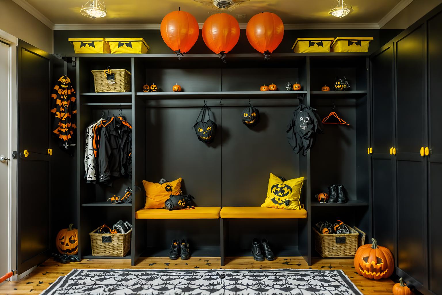 halloween-style (drop zone interior) with a bench and storage baskets and lockers and cabinets and shelves for shoes and cubbies and wall hooks for coats and high up storage. . with skeletons sitting and standing and yellow black balloons and lanterns and spiderwebs and cobwebs and cobwebs and human skulls and lanterns. . cinematic photo, highly detailed, cinematic lighting, ultra-detailed, ultrarealistic, photorealism, 8k. halloween interior design style. masterpiece, cinematic light, ultrarealistic+, photorealistic+, 8k, raw photo, realistic, sharp focus on eyes, (symmetrical eyes), (intact eyes), hyperrealistic, highest quality, best quality, , highly detailed, masterpiece, best quality, extremely detailed 8k wallpaper, masterpiece, best quality, ultra-detailed, best shadow, detailed background, detailed face, detailed eyes, high contrast, best illumination, detailed face, dulux, caustic, dynamic angle, detailed glow. dramatic lighting. highly detailed, insanely detailed hair, symmetrical, intricate details, professionally retouched, 8k high definition. strong bokeh. award winning photo.