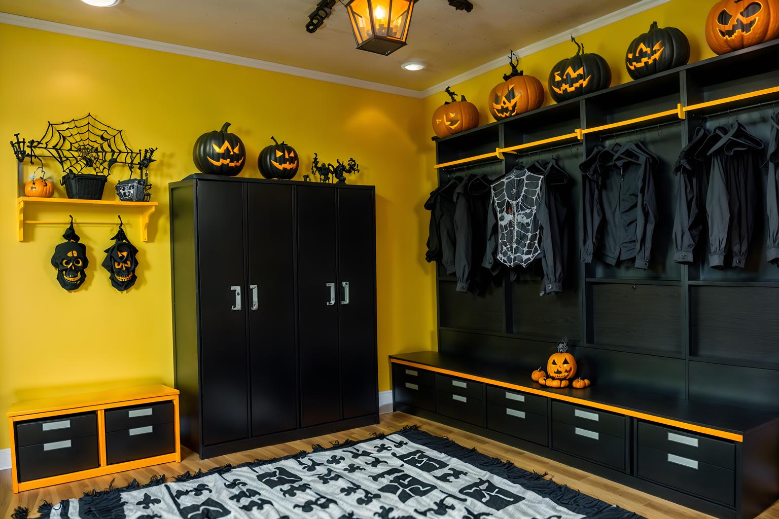 halloween-style (drop zone interior) with a bench and storage baskets and lockers and cabinets and shelves for shoes and cubbies and wall hooks for coats and high up storage. . with skeletons sitting and standing and yellow black balloons and lanterns and spiderwebs and cobwebs and cobwebs and human skulls and lanterns. . cinematic photo, highly detailed, cinematic lighting, ultra-detailed, ultrarealistic, photorealism, 8k. halloween interior design style. masterpiece, cinematic light, ultrarealistic+, photorealistic+, 8k, raw photo, realistic, sharp focus on eyes, (symmetrical eyes), (intact eyes), hyperrealistic, highest quality, best quality, , highly detailed, masterpiece, best quality, extremely detailed 8k wallpaper, masterpiece, best quality, ultra-detailed, best shadow, detailed background, detailed face, detailed eyes, high contrast, best illumination, detailed face, dulux, caustic, dynamic angle, detailed glow. dramatic lighting. highly detailed, insanely detailed hair, symmetrical, intricate details, professionally retouched, 8k high definition. strong bokeh. award winning photo.