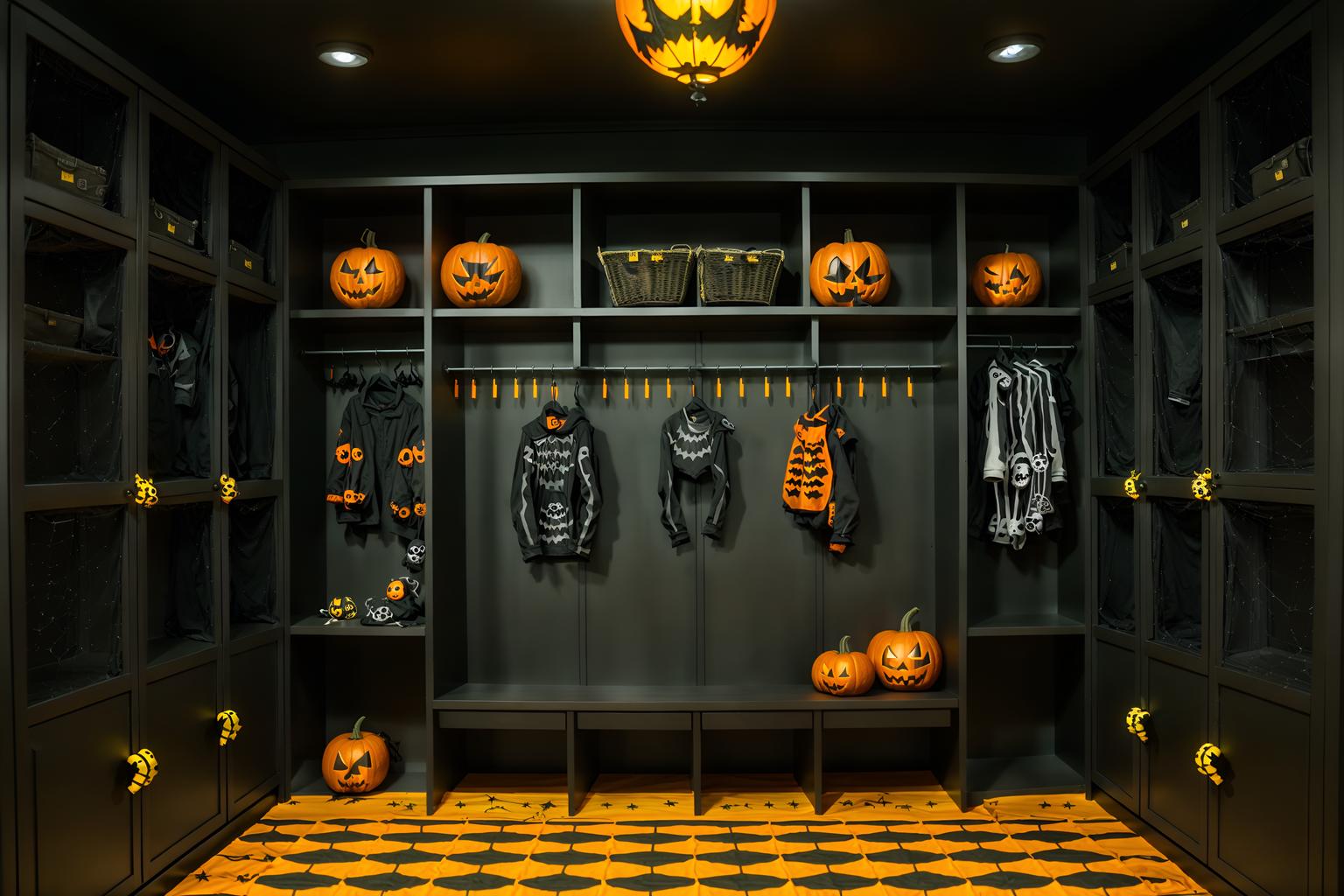 halloween-style (drop zone interior) with a bench and storage baskets and lockers and cabinets and shelves for shoes and cubbies and wall hooks for coats and high up storage. . with skeletons sitting and standing and yellow black balloons and lanterns and spiderwebs and cobwebs and cobwebs and human skulls and lanterns. . cinematic photo, highly detailed, cinematic lighting, ultra-detailed, ultrarealistic, photorealism, 8k. halloween interior design style. masterpiece, cinematic light, ultrarealistic+, photorealistic+, 8k, raw photo, realistic, sharp focus on eyes, (symmetrical eyes), (intact eyes), hyperrealistic, highest quality, best quality, , highly detailed, masterpiece, best quality, extremely detailed 8k wallpaper, masterpiece, best quality, ultra-detailed, best shadow, detailed background, detailed face, detailed eyes, high contrast, best illumination, detailed face, dulux, caustic, dynamic angle, detailed glow. dramatic lighting. highly detailed, insanely detailed hair, symmetrical, intricate details, professionally retouched, 8k high definition. strong bokeh. award winning photo.