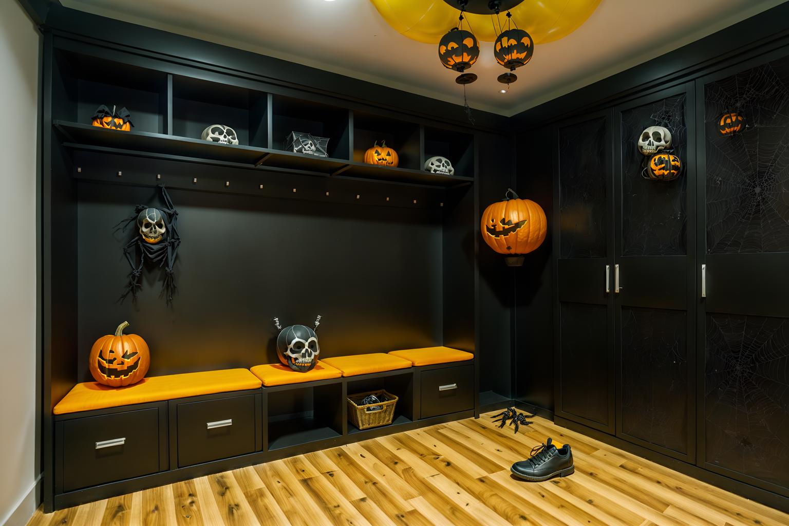 halloween-style (drop zone interior) with a bench and storage baskets and lockers and cabinets and shelves for shoes and cubbies and wall hooks for coats and high up storage. . with skeletons sitting and standing and yellow black balloons and lanterns and spiderwebs and cobwebs and cobwebs and human skulls and lanterns. . cinematic photo, highly detailed, cinematic lighting, ultra-detailed, ultrarealistic, photorealism, 8k. halloween interior design style. masterpiece, cinematic light, ultrarealistic+, photorealistic+, 8k, raw photo, realistic, sharp focus on eyes, (symmetrical eyes), (intact eyes), hyperrealistic, highest quality, best quality, , highly detailed, masterpiece, best quality, extremely detailed 8k wallpaper, masterpiece, best quality, ultra-detailed, best shadow, detailed background, detailed face, detailed eyes, high contrast, best illumination, detailed face, dulux, caustic, dynamic angle, detailed glow. dramatic lighting. highly detailed, insanely detailed hair, symmetrical, intricate details, professionally retouched, 8k high definition. strong bokeh. award winning photo.