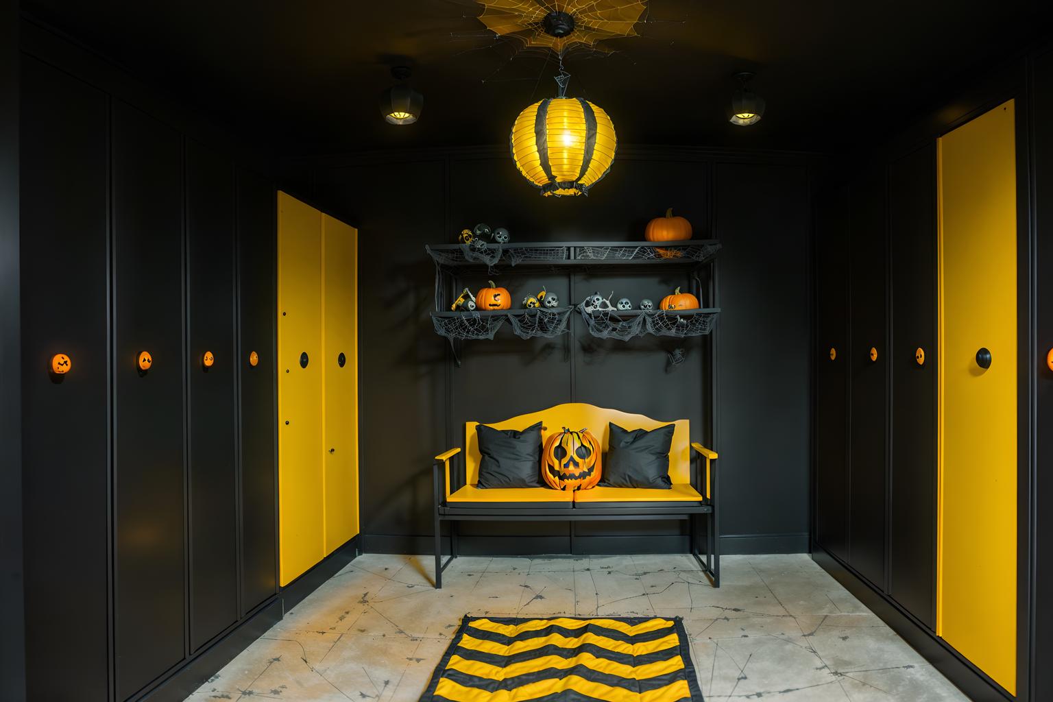 halloween-style (drop zone interior) with a bench and storage baskets and lockers and cabinets and shelves for shoes and cubbies and wall hooks for coats and high up storage. . with skeletons sitting and standing and yellow black balloons and lanterns and spiderwebs and cobwebs and cobwebs and human skulls and lanterns. . cinematic photo, highly detailed, cinematic lighting, ultra-detailed, ultrarealistic, photorealism, 8k. halloween interior design style. masterpiece, cinematic light, ultrarealistic+, photorealistic+, 8k, raw photo, realistic, sharp focus on eyes, (symmetrical eyes), (intact eyes), hyperrealistic, highest quality, best quality, , highly detailed, masterpiece, best quality, extremely detailed 8k wallpaper, masterpiece, best quality, ultra-detailed, best shadow, detailed background, detailed face, detailed eyes, high contrast, best illumination, detailed face, dulux, caustic, dynamic angle, detailed glow. dramatic lighting. highly detailed, insanely detailed hair, symmetrical, intricate details, professionally retouched, 8k high definition. strong bokeh. award winning photo.